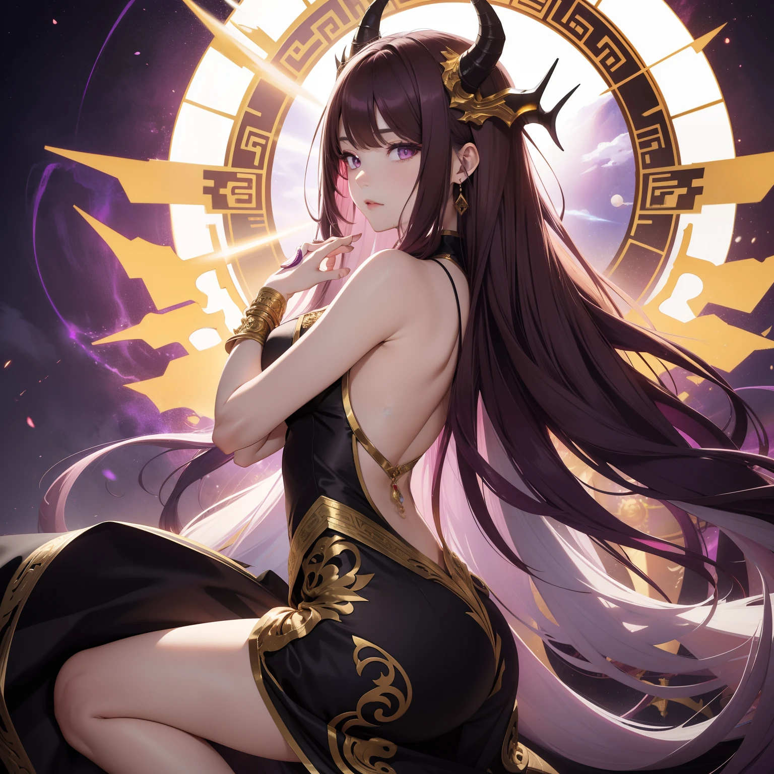 Woman, messy light brown long hair with a purple tint, dragon horns and tail, white and black Chinese dress with tight-fitting elements on her arms and legs, gold divine light, God's gaze, a sun circle behind her back, indifferent and cold gaze, light lipstick, light eyes