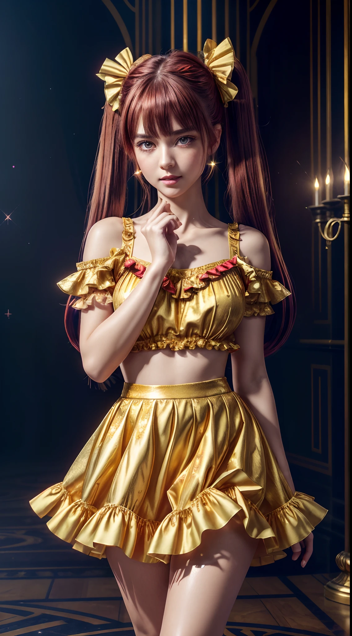 (fullbody, legs and shoes visible: 1.2)) expressive eyes, woman, pale skin, long hair, windblown hair, ((long hair)), long sidelocks, hime bangs, hair fringe, hair bun, ((long twintails)), lush hair, red hair, blushing, full face blushing, big sparkling glowing yellow eyes, (gradient eyes, cheekbones), open mouth smile, cute pose,
flowy flaming dress, ((gold multicolored open dress)), (mist), orange ruffles, yellow frills, (light red lace), detached short sleeves, puffy skirt, ((fire and stars print skirt : 1.3)), ta skirt, dark red bows, ((pompon ribbons hair ornament : 1.4)), multiple bows, striped lace stockings, (heart shaped leg garter), cute (dark orange) shoes ((hyperdetailed clothing and fashion)) looking at you, vintage girl, blushing, (beautiful detailed eyes), (extremely detailed CG unity 8k wallpaper) (best shadow), ((an extremely delicate and beautiful)), (detailed light), ((depth of field)) big head, big sparkling eyes, moe, splash art, cinematic lighting, frontal view, volumetric lighting maximalist photo illustration 64k resolution high res intricately detailed complex key visual precise linear
((in the dark palace background, surrounded by expensive decor, shooting stars)) ((hyperdetailed scenery, foggy, darkness : 1.3))