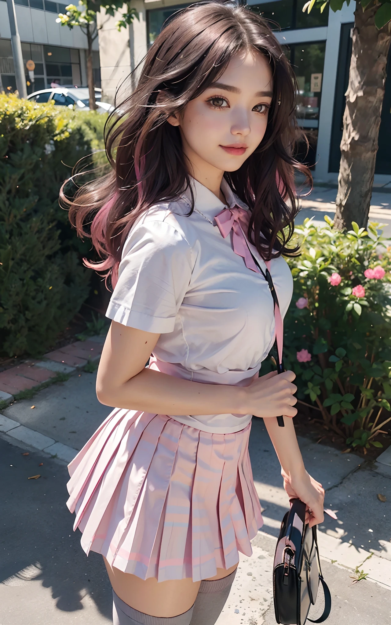 (Best Quality,4K,High resolution:1.2), Ultra-detailed, Realistic portrait, Best Quality, (outside japanese high school), (passionate scene),one very young looking high school girl, (intense emotion), (innocent look, pink ,white and black school uniform, large round black rimmed glasses), ((stockings, cute face, standing, full body)), (perfect long legs, high waist mini pleated skirt, tight shirt), large brown eyes, long black hair, pigtails, cute smile, rose cheeks, muscular abs tiny body, tiny waist