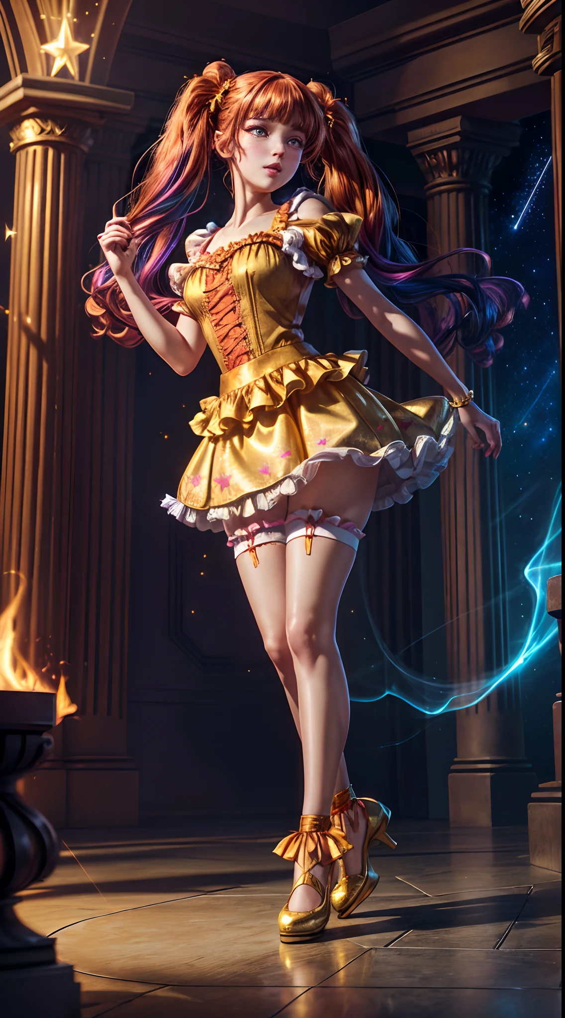 (fullbody, legs and shoes visible: 1.2)) expressive eyes, woman, pale skin, long hair, windblown hair, ((long hair)), long sidelocks, hime bangs, hair fringe, hair bun, ((long twintails)), lush hair, red hair, blushing, full face blushing, big sparkling glowing yellow eyes, (gradient eyes, cheekbones), open mouth smile, cute pose,
flowy flaming dress, ((gold multicolored open dress)), (mist), orange ruffles, yellow frills, (light red lace), detached short sleeves, puffy skirt, ((fire and stars print skirt : 1.3)), ta skirt, dark red bows, ((pompon ribbons hair ornament : 1.4)), multiple bows, striped lace stockings, (heart shaped leg garter), cute (dark orange) shoes ((hyperdetailed clothing and fashion)) looking at you, vintage girl, blushing, (beautiful detailed eyes), (extremely detailed CG unity 8k wallpaper) (best shadow), ((an extremely delicate and beautiful)), (detailed light), ((depth of field)) big head, big sparkling eyes, moe, splash art, cinematic lighting, frontal view, volumetric lighting maximalist photo illustration 64k resolution high res intricately detailed complex key visual precise linear
((in the dark palace background, surrounded by expensive decor, shooting stars)) ((hyperdetailed scenery, foggy, darkness : 1.3))