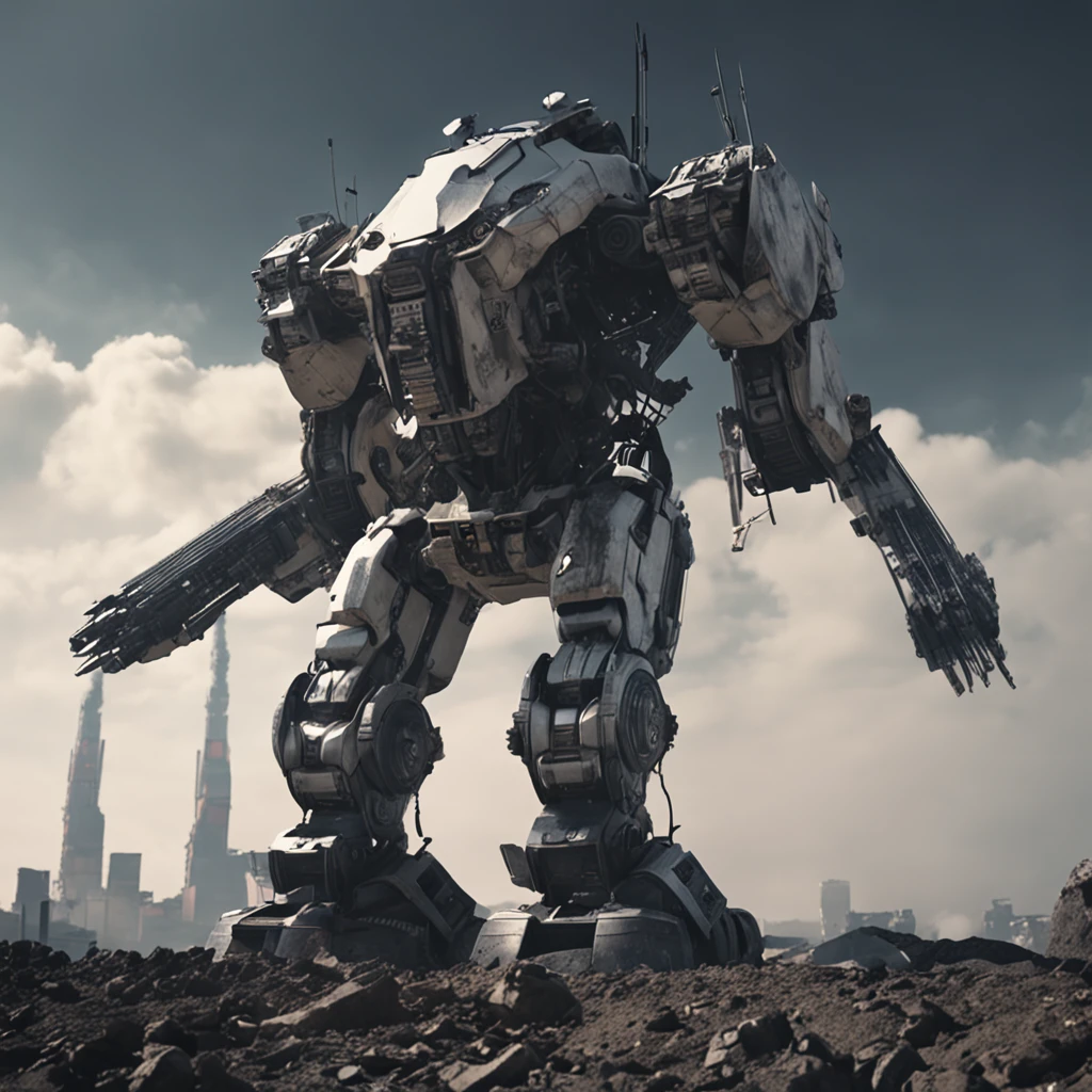 Real 8K blockbuster action-movie still of a huge mech, minimalistic, sleek mechanics exposed, white and vantablack matte exterior, facing viewer, bazooka on back, fire and explosions, chaos, in a robot apocalypse war scene in pyong yang, cinematic lighting, cinematic camera positioning, tilted