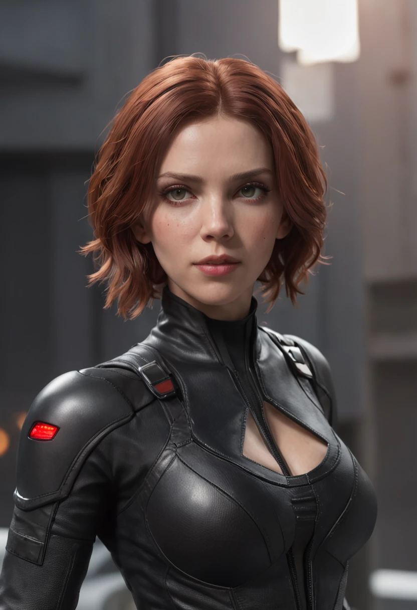 ((emma watson)) in a sexy look. hairstyle red hair ((Suit black widow)),
