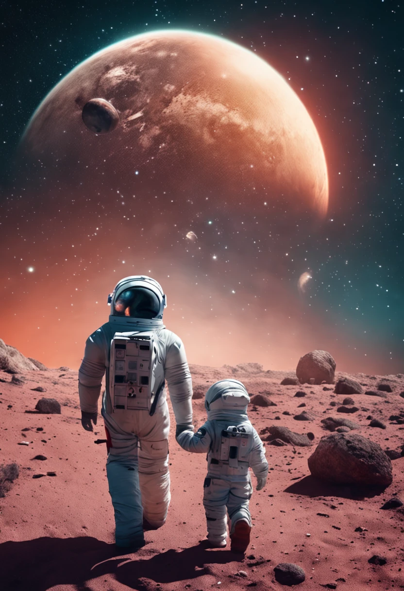 4k, Realistic, Muito Detalhe, There is a man holding his son by the hand, They're walking on the moon, They are astronauts, galaxy theme, roupas de astronauta, corpo inteiro. Pai e filho astronautas, Walking hand in hand