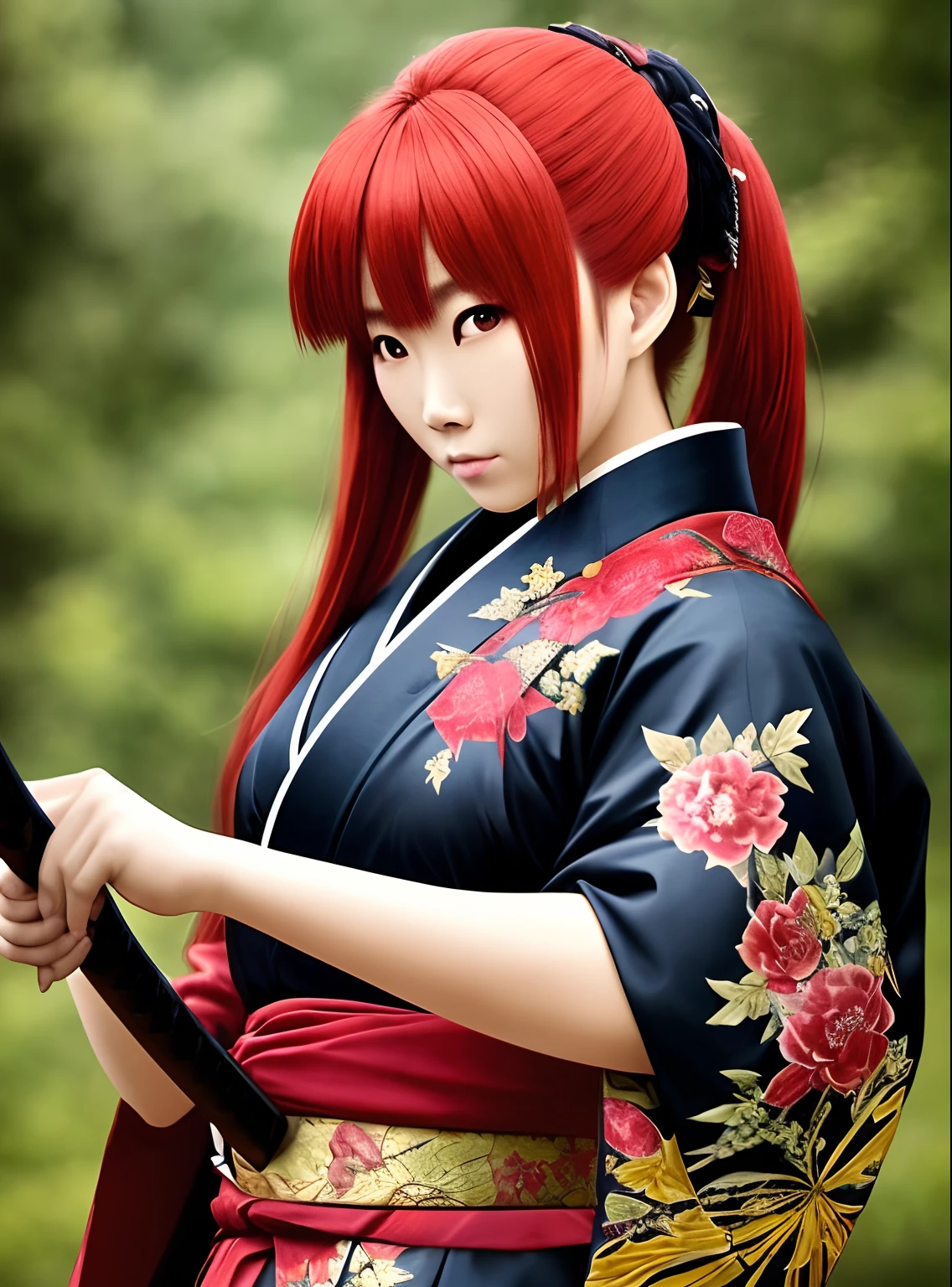 Samurai woman, red hair, katana long, kimono --auto --s2