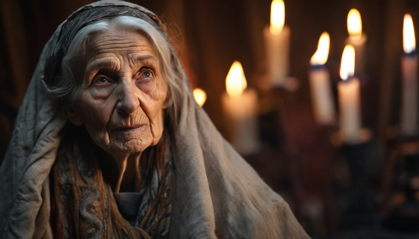 Intricate half body portrait of a very old Caucasian woman with wrinkles, illuminated by warm litted candles, with a backdrop of eerie dungeion . stunning interpretive visual, maximalist scarf and veil. f1.0lens, tilt-shift, shalllow DOF. dramatic lighting. chiaroscuro,