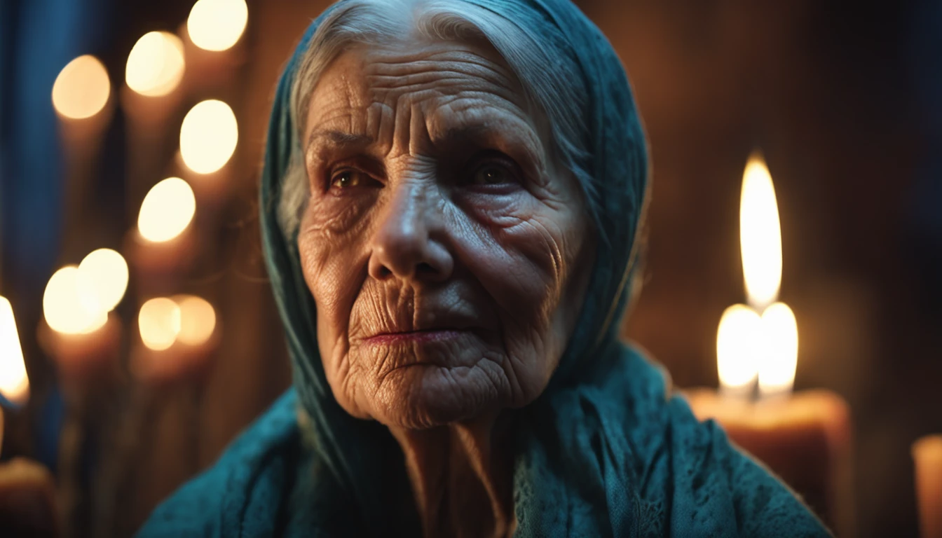 Intricate half body portrait of a very old Caucasian woman with wrinkles, illuminated by warm litted candles, with a backdrop of eerie dungeion . stunning interpretive visual, maximalist scarf and veil. f1.0lens, tilt-shift, shalllow DOF. dramatic lighting. chiaroscuro,