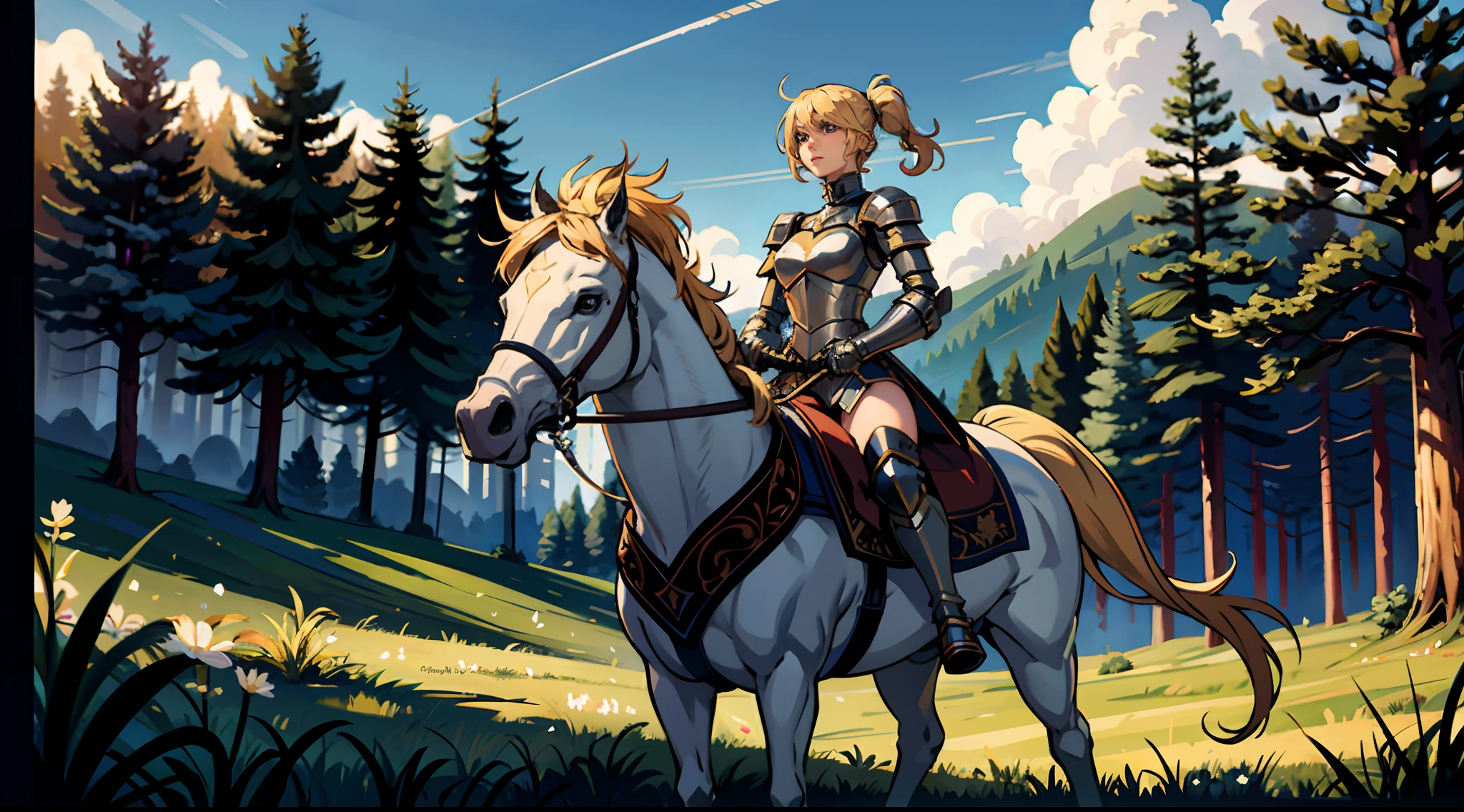 A beautiful and mighty blonde female knight is holding her sword and preparing herself for a great battle with her enemies It was surrounding her in a flat land of grass and trees in the background, sunny day, sunlight, wide-angle camera, panoramic view, high definition, ultra resolution, intricate details, volumetric light, dynamic composition, masterpiece