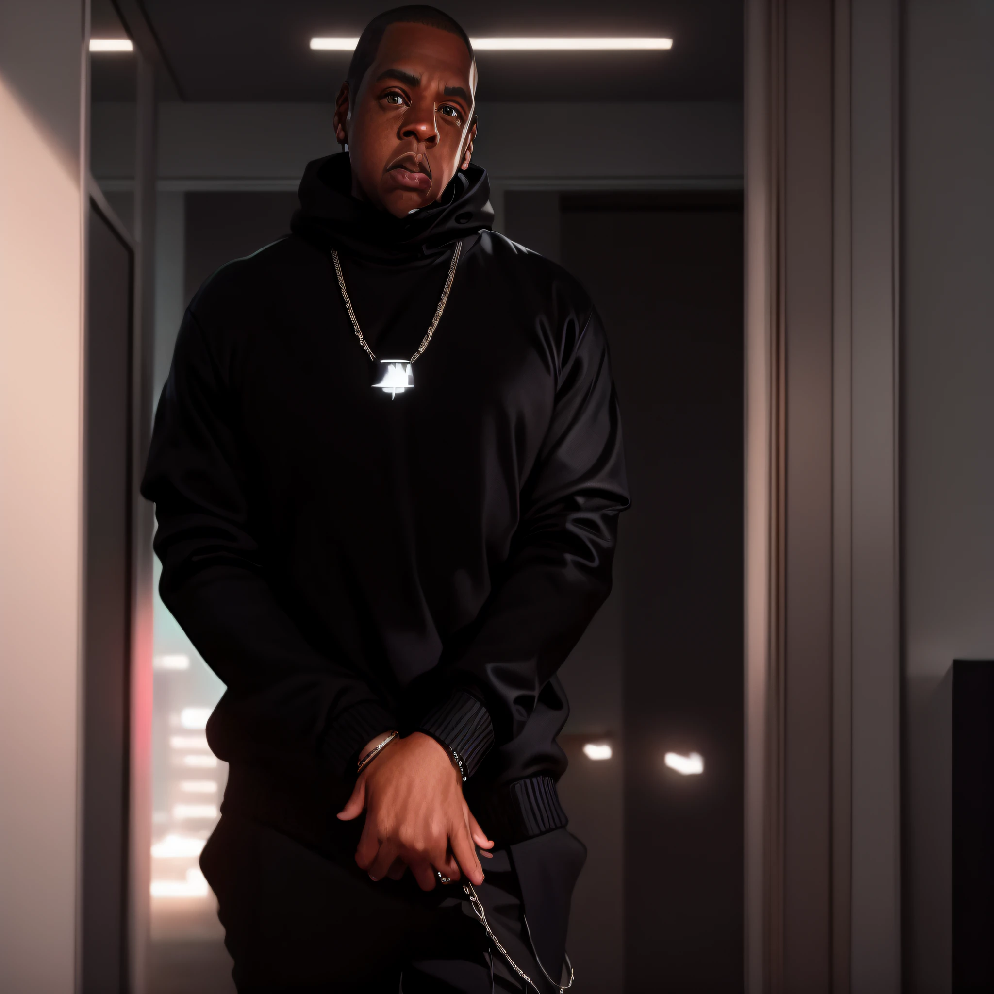 detailed and realistic close portrait of (((Jay Z))) confidently standing in a sleek urban business environment, looking_at_viewer, wearing a black sweater, turtleneck, shot outside, soft natural lighting, portrait photography, magical photography, dramatic lighting, photo realism, ultra-detailed, intimate portrait composition