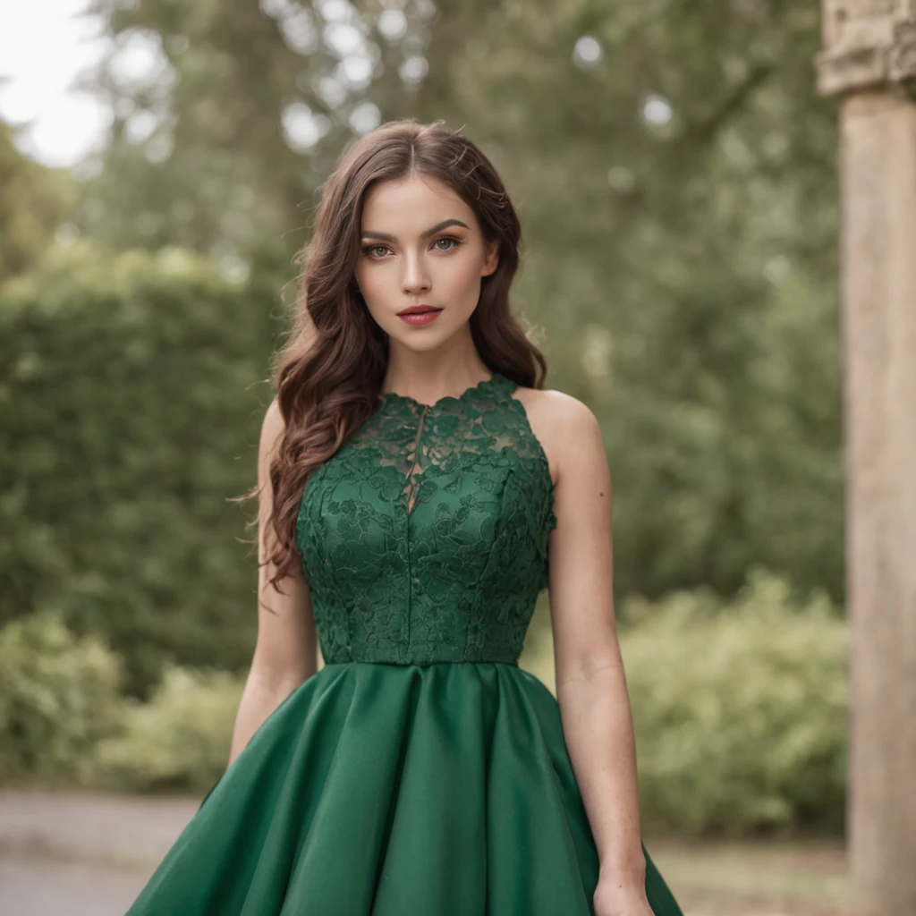 Mulher de cabelo vermelho com olhos vermelhos, vestido verde, 8k,