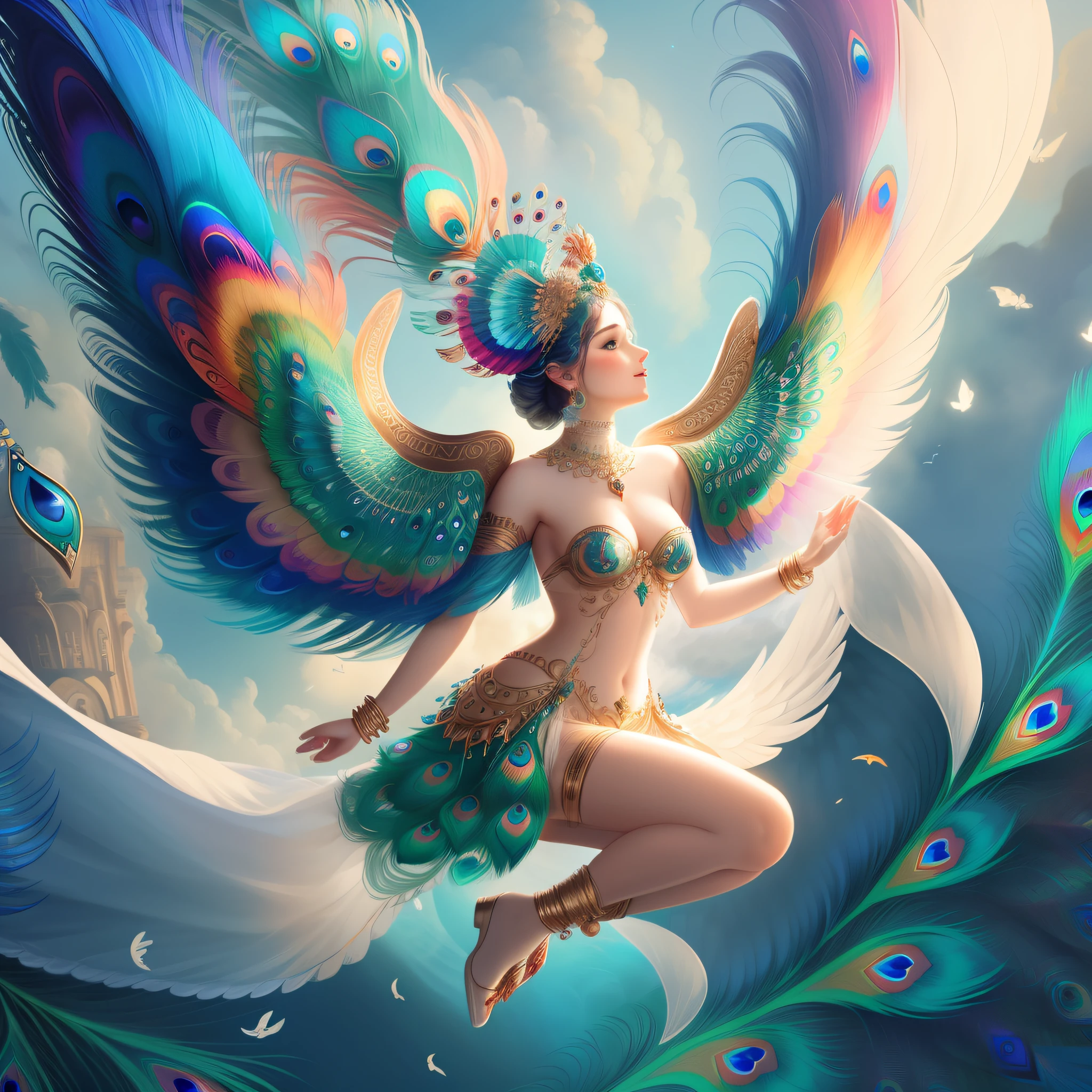 Goddess of colors flying on a peacock