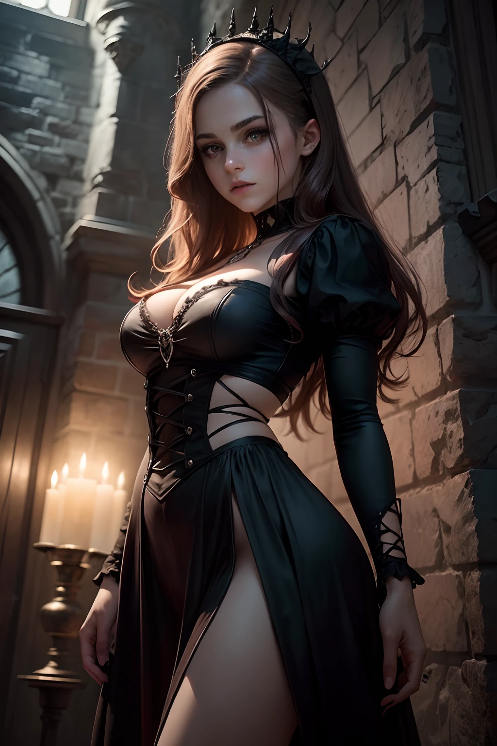 The composition includes a gothic-style castle background, further enhancing the dark and atmospheric setting, teen Emma Watson, eyes shine with a captivating red glow, and blood is depicted on her body, face, and eyes, this highly-detailed artwork captures the essence of a vampire girl wearing a sexy gothic style dress.