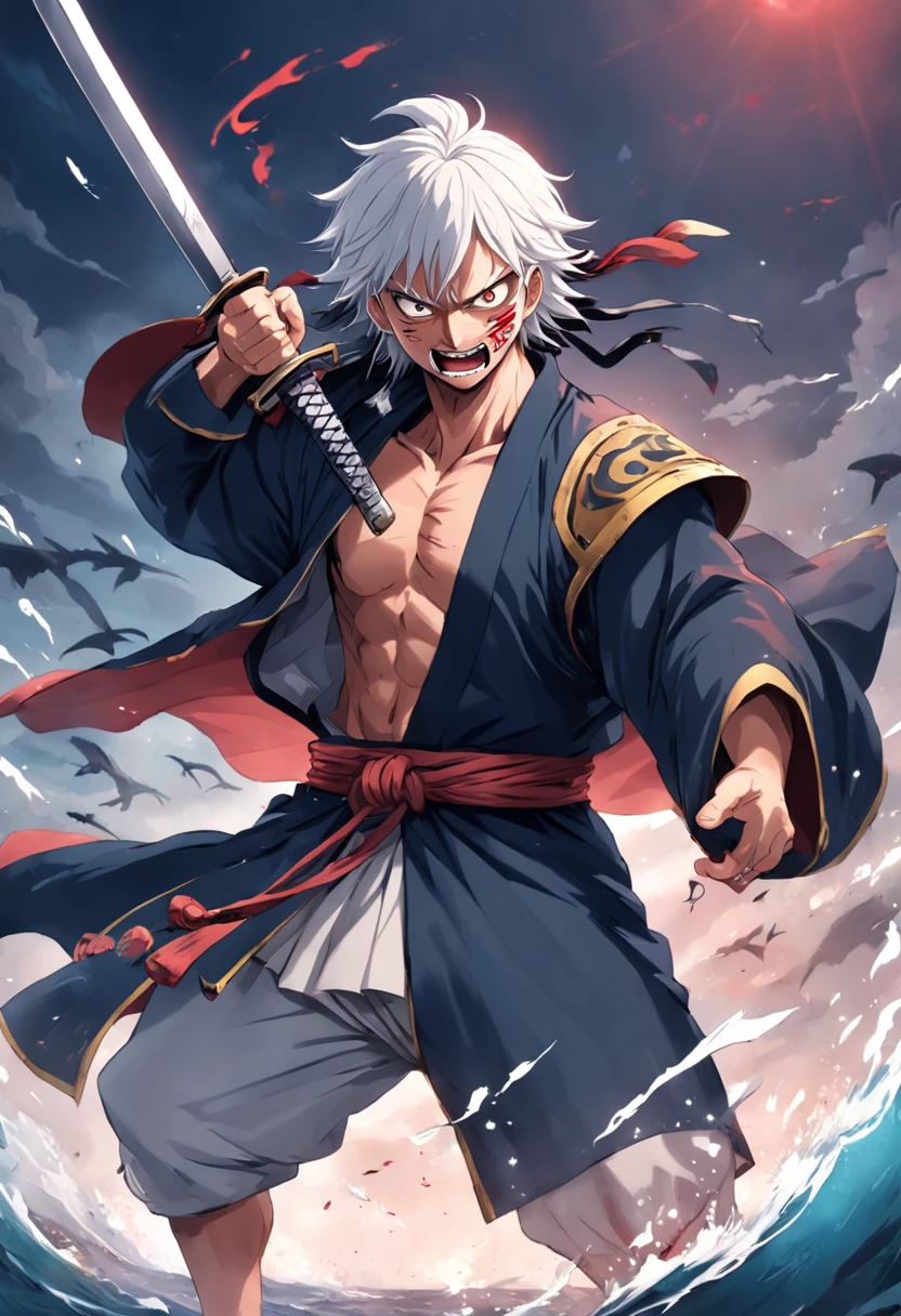 um homem idoso, with sharp teeth with that of a shark, medium white colored hair, olhos vermelhos que mostre todas suas cicatrizes de batalhas, holding three black X-shaped swords , com roupas de samurai mostrando sua barriga trincada por conta de treinos intensos, with various scars on his body, obra-prima, melhor qualidade, 2D, arte anime One Piece, anime 4k, contorno perfeito.