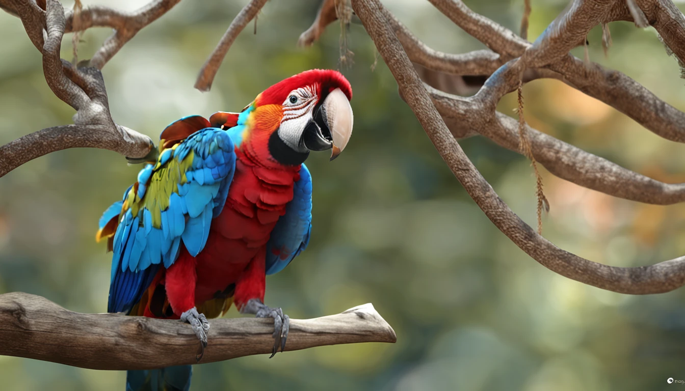Un pajaro de la especie guacamayo azul con colores en su cara que este en un arbol sea el protagonista principal Renderizado realista natural, fotorrealista altamente detallado, render fotorrealista, Arte conceptual fotorrealista, Render hiper real, Renderizado 3D realista rojo, Aves f CGsociety, Imagen fotorrealista, fotorrealista altamente detallado, Renderizado detallado hiperrealista, Imagen detallada fotorrealista, Red bird, super detailed render, Renderizado de alta calidad