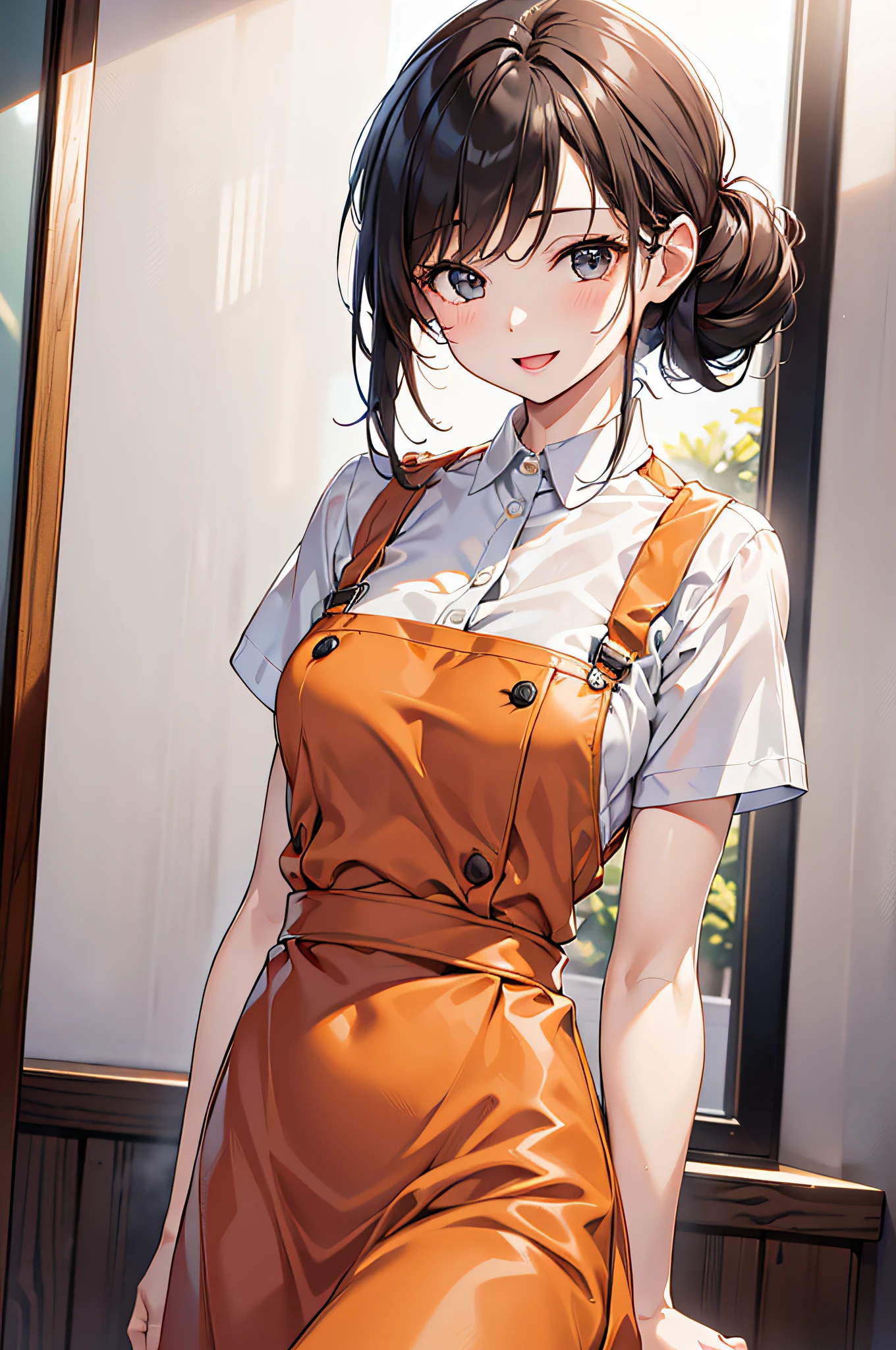 (Best quality, 8k, 32k, Masterpiece, UHD:1.2), (realistic:1.5), (masterpiece, Extremely detailed CG unity 8k wallpaper, best quality, highres:1.2), (ultra detailed, UHD:1.2), (cowboy shot:1.3), (anime, animestyle illustration:1.3),
BREAK,
(1girl:1.3, solo), (waitress:1.3), single Chignon hair style, mahogany hair, attractive look, (Korean actress face:1.3), (Japanese idol face:1.3), pretty face, cute,
BREAK,
(orange Family Restaurant Uniforms:1.2), (orange suspender skirt:1.4),(orange apron:1.2), (double-breasted,underbust:1.2), (orange high-waist skirt:1.3), (apron over orange skirt:1.3), (white shirt:1.2), button gap,short sleeves, nametag,
BREAK
at restaurant, indoor, cinematic light, cute, happy, seductive smile, :d, ;p, attractive emotion,
BREAK, best ratio four finger and one thumb, perfect anatomy, perfect proportion,