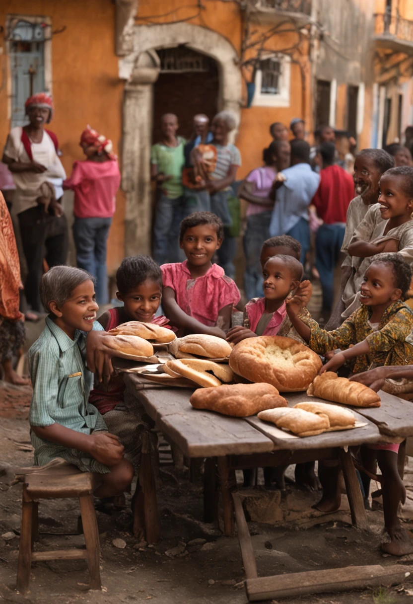 grupo de pessoa juntas, sharing a loaf of bread at a large, plentiful table,  com vestimentas antigas