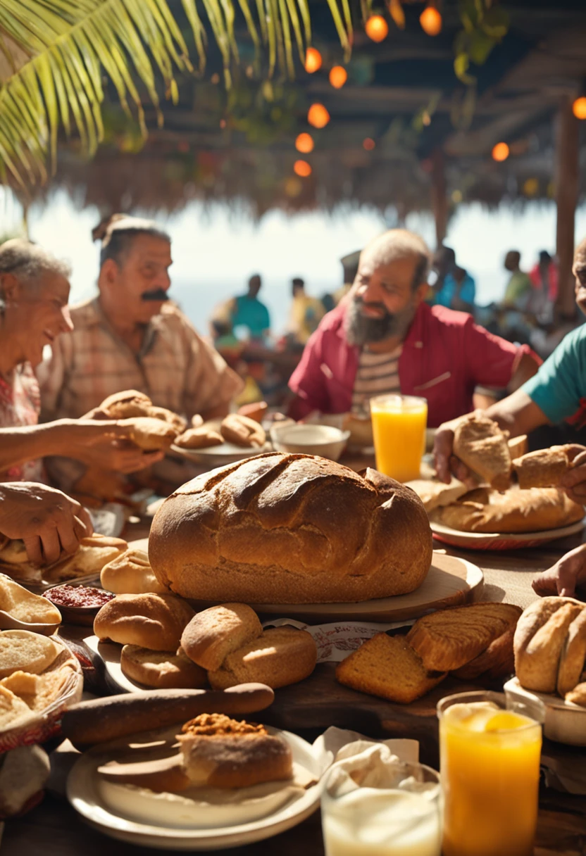 grupo de pessoa juntas, sharing a loaf of bread at a large, plentiful table, com vestimentas antigas