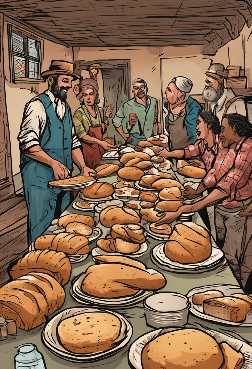 grupo de pessoa juntas, sharing a loaf of bread at a large, plentiful table,  com vestimentas antigas