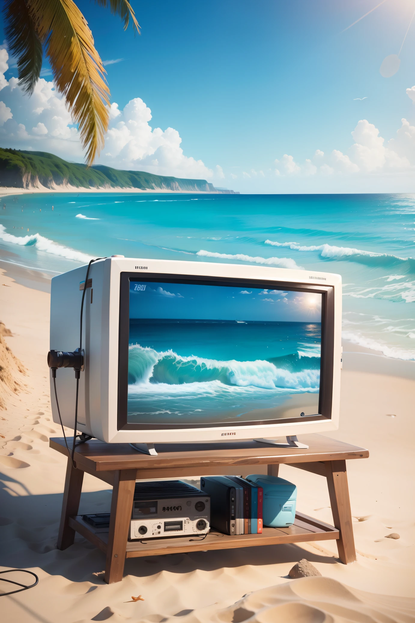a beach scene with an old roots television broadcasting surf on tv in 3240 pixels by 1080 pixels format
