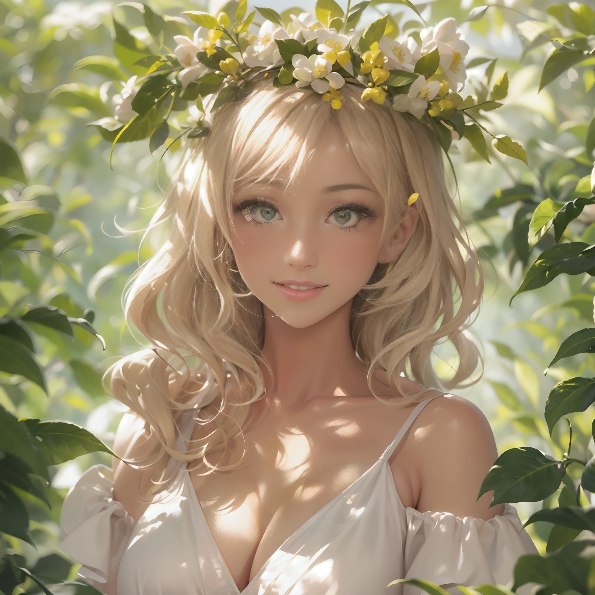 (obra maestra) (La mejor calidad) Una hermosa mujer vestida de blanco con una corona de hojas doradas en la cabeza. She is in a beautiful garden standing in front of the camera with a beautiful smile in a natural pose................... movie quality