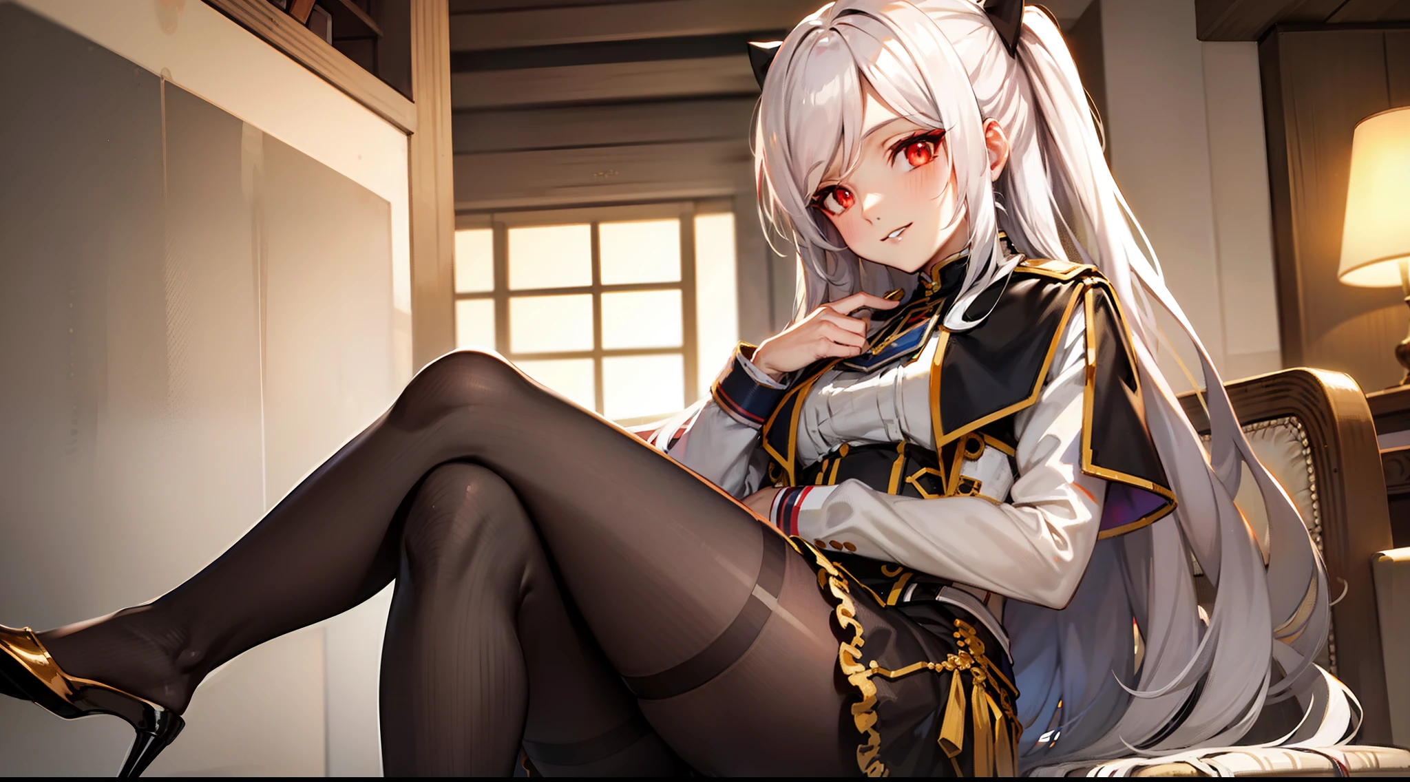 white hair,red eyes,feets in front of the viewer,sitting