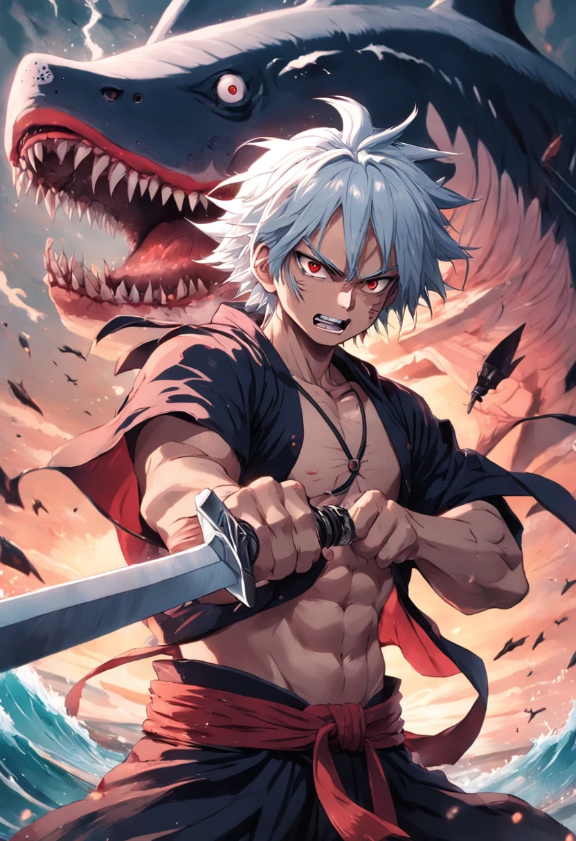 homem velho, with sharp teeth with that of a shark, medium white colored hair, olhos vermelhos que mostre todas suas cicatrizes de batalhas, holding three black X-shaped swords , com roupas de samurai mostrando sua barriga trincada por conta de treinos intensos, with various scars on his body, obra-prima, melhor qualidade, 2D, arte anime One Piece, anime 4k, contorno perfeito.