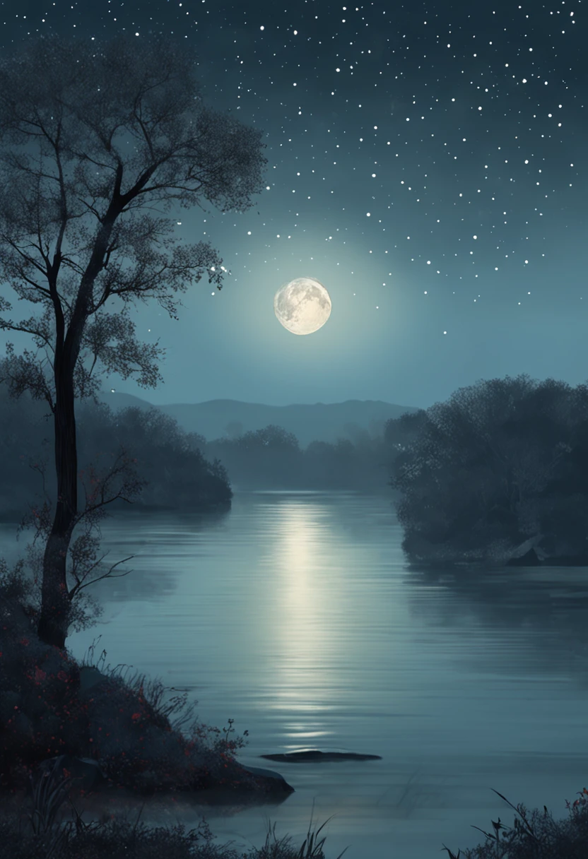 "Une nuit paisible et sereine, bathed in a silvery glow. A harmonious scene where the moon reflects delicately on the calm waters. Twinkling stars dot the dark sky, creating a magical atmosphere. The surrounding nature is shrouded in a light and mysterious mist. Let your imagination come to life in this night painting full of calm and tranquility."