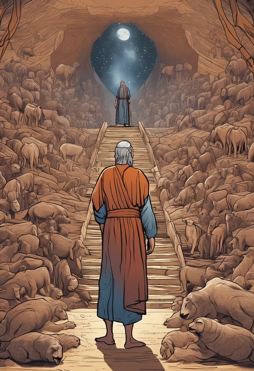 Create a visual representation of Noah, a man of advanced age with a wise and dignified appearance. He's wearing simple clothes, typical of ancient times, like a long tunic and a robe tied at the waist. Noah is standing next to the imposing ark, which is large enough to house many animals. He's looking up at the sky, with an expression of confidence and determination on his face. Around Noah, incluindo uma variedade de animais em pares, symbolizing the mission to preserve creation during the flood.