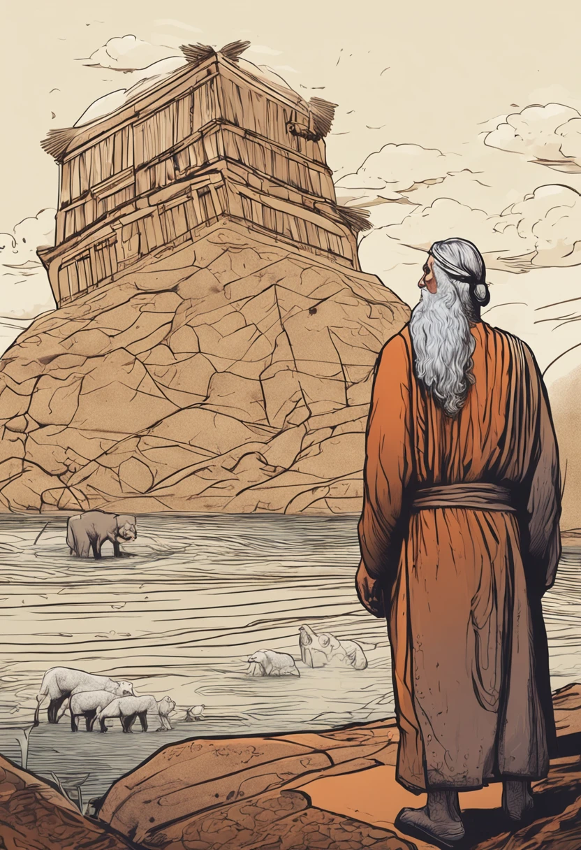 Create a visual representation of Noah, a man of advanced age with a wise and dignified appearance. He's wearing simple clothes, typical of ancient times, like a long tunic and a robe tied at the waist. Noah is standing next to the imposing ark, which is large enough to house many animals. He's looking up at the sky, with an expression of confidence and determination on his face. Around Noah, incluindo uma variedade de animais em pares, symbolizing the mission to preserve creation during the flood.
