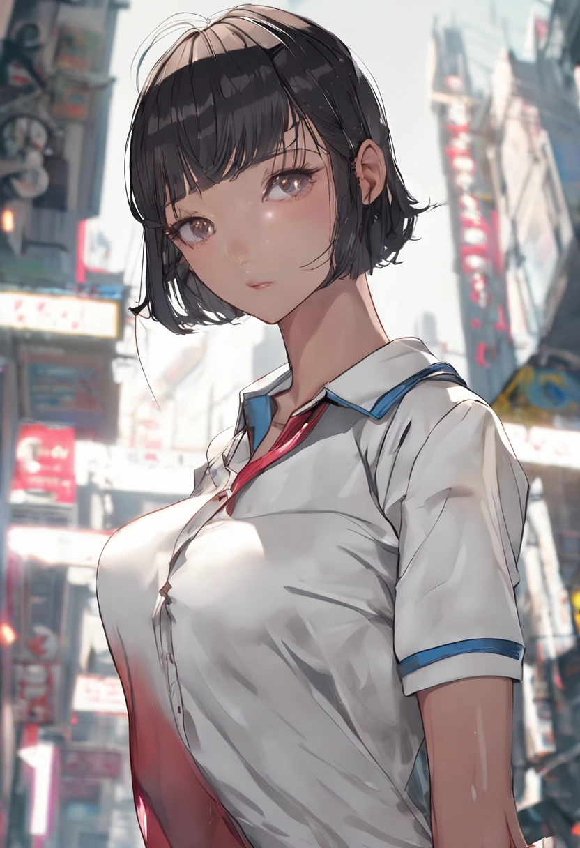 1girl, solo, white polo shirt, white sneakers, tennis wear, white miniskirt, masterpiece, best quality, realistic, hyper-detailed, (shiny skin, sweaty:1.4), absurd, looking at viewer, short black hair, brown eyes, slender, dynamic lighting, high resolution, sharp focus, depth of field, detailed eyes, sharp pupils, realistic pupils, (small breasts:1.6), (thick thighs:1.0), outdoor, sky