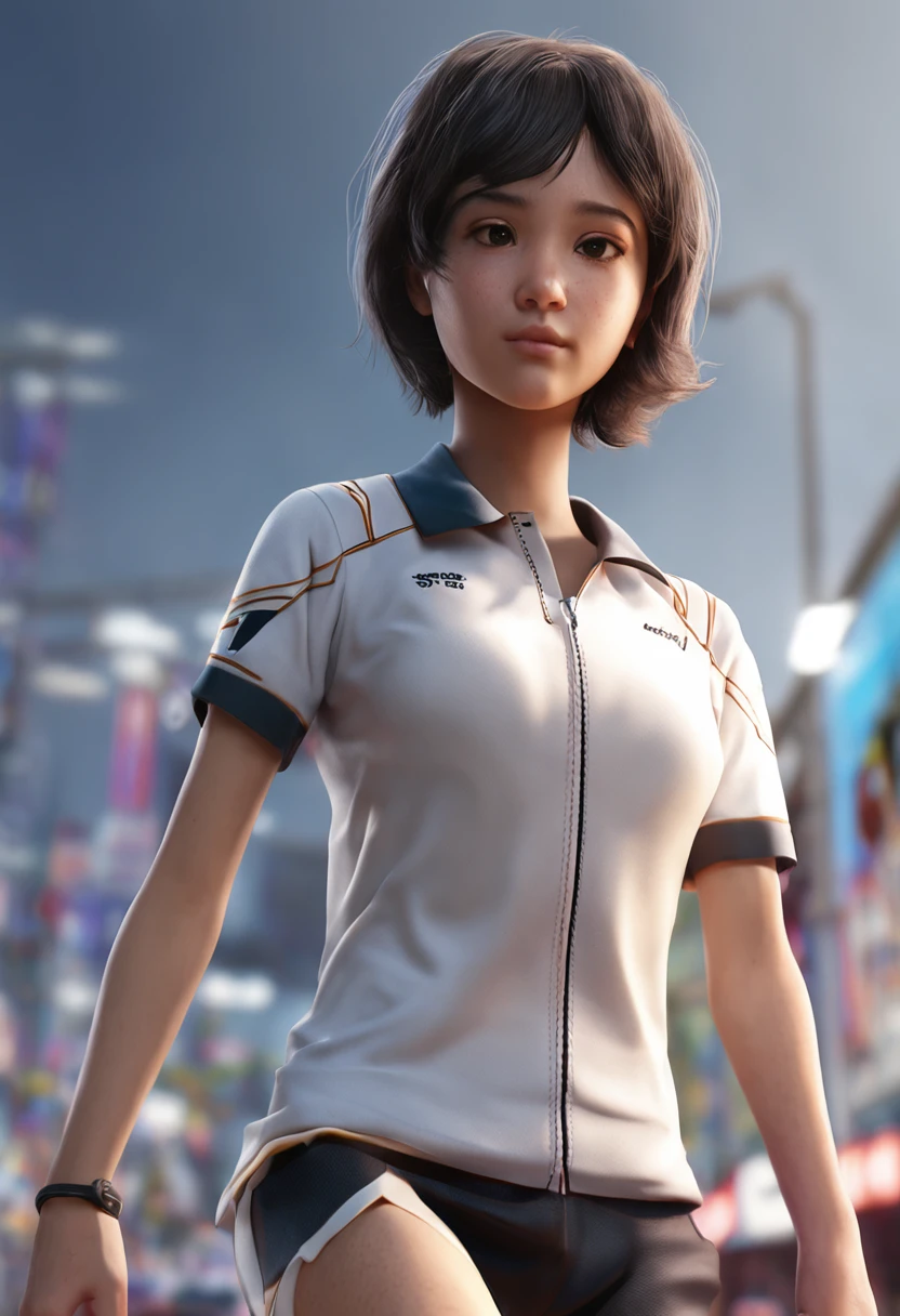 1girl, solo, white polo shirt, white sneakers, tennis wear, white miniskirt, masterpiece, best quality, realistic, hyper-detailed, (shiny skin, sweaty:1.4), absurd, looking at viewer, short black hair, brown eyes, slender, dynamic lighting, high resolution, sharp focus, depth of field, detailed eyes, sharp pupils, realistic pupils, (small breasts:1.6), (thick thighs:1.0), outdoor, sky