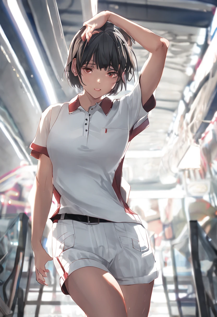 1girl, solo, white polo shirt, white sneakers, tennis wear, white miniskirt, masterpiece, best quality, realistic, hyper-detailed, (shiny skin, sweaty:1.4), absurd, looking at viewer, short black hair, brown eyes, slender, dynamic lighting, high resolution, sharp focus, depth of field, detailed eyes, sharp pupils, realistic pupils, (small breasts:1.6), (thick thighs:1.0), outdoor, sky