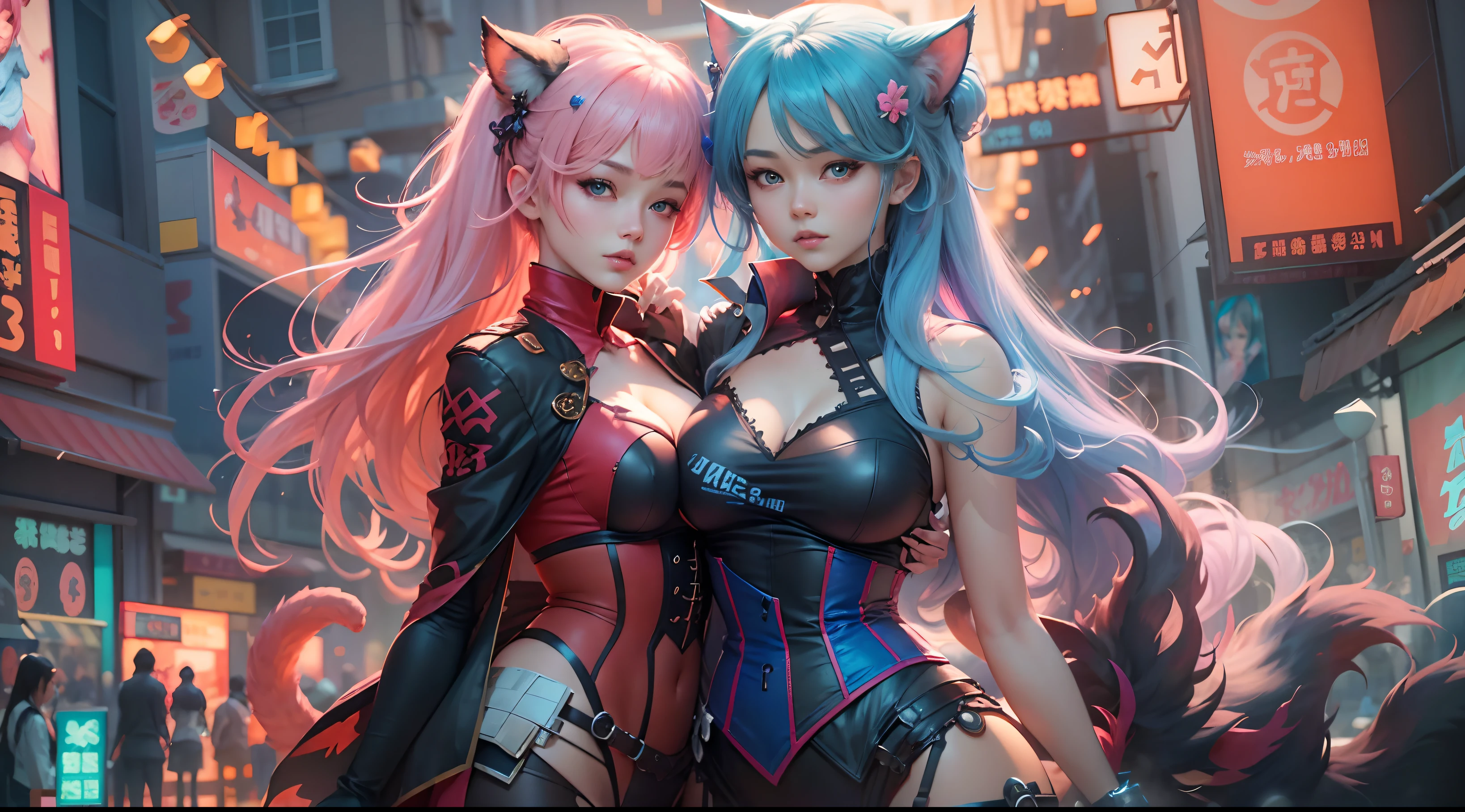 anime - style image of two women with pink and blue hair dressed in red and blue corset, posing in Akihabara for a foto shooting, Captured from worm's eye view, 4 meters distance to viewer, wlop and sakimichan, attractive cat girl, artwork in the style of guweiz, fantasy art style, 2. 5 d cgi anime fantasy artwork, fanart best artstation, by Yang J, trending on cgstation, wlop and ross tran, guweiz