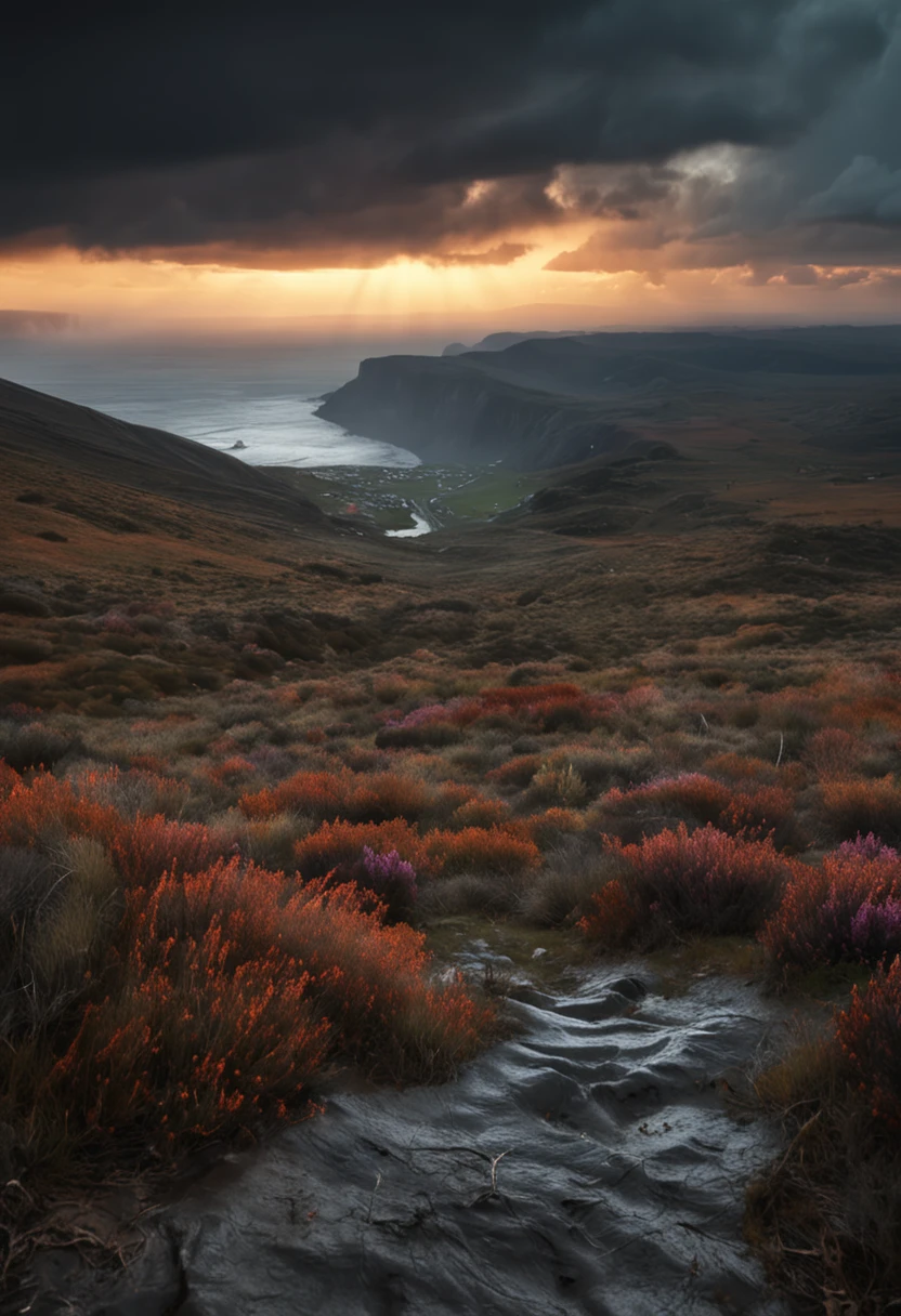 The scenery is a landscape that conveys the beginning of the storm, with dark clouds forming on the horizon and the first drops of rain beginning to fall. Create an atmosphere of mystery and hope, capturing the moment when Noah hears God's voice and prepares to face the impending flood with unwavering faith.