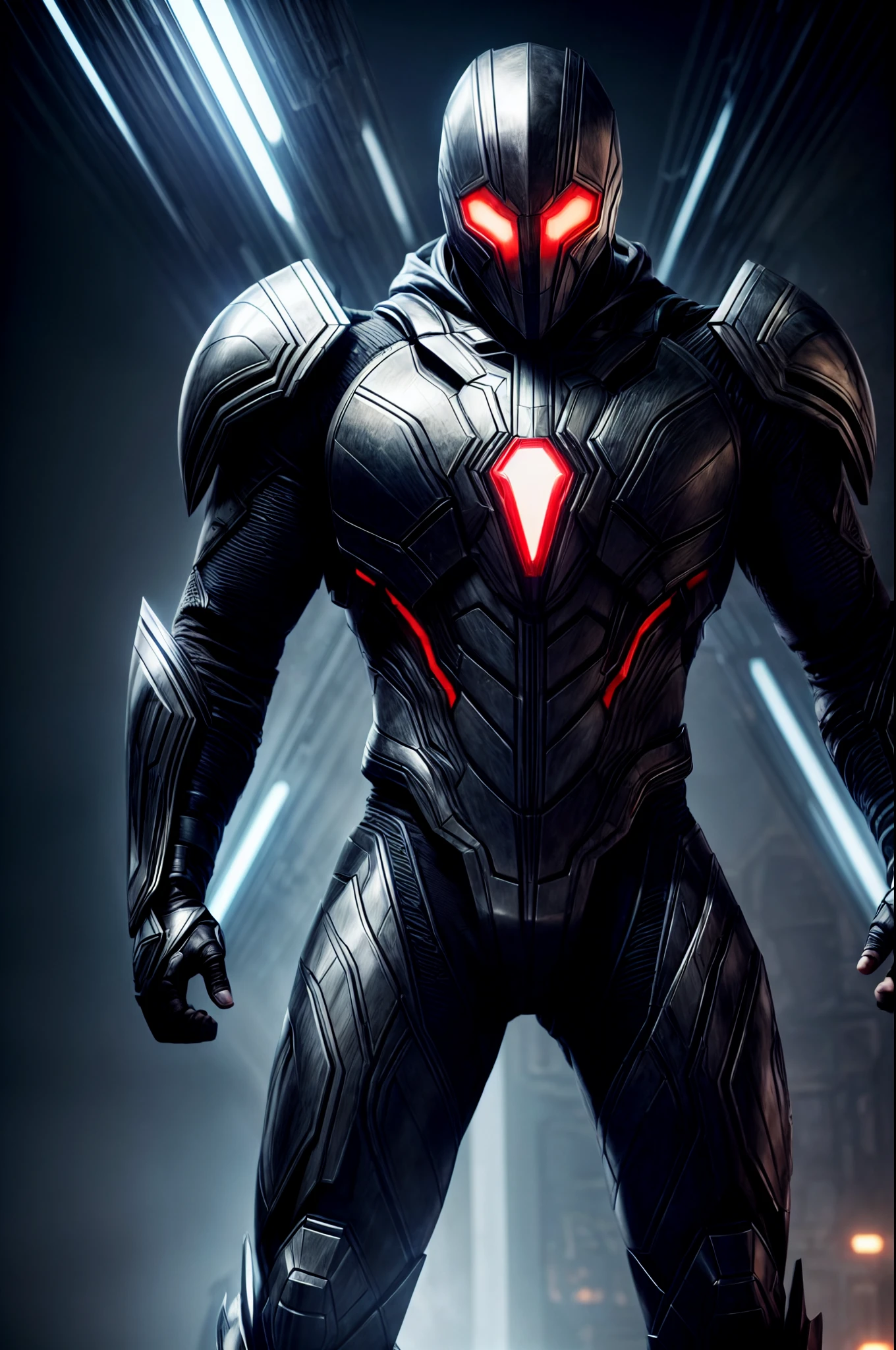 An intricate image of a Futuristic power-suit with built in weapons armor and ai, that resembles a hooded assasin with , skull shaped helmet with glowing ember eyes, Superhero landing pose, micro-details, photorealism, one light, dark photo, deep shadows, shallow depth of field, photorealistic, Surrealism, high quality, masterpiece, 8k, 8k, super detail, full body portrait, extremely muscular, scratched, dented, battle scars, flying with his boosters