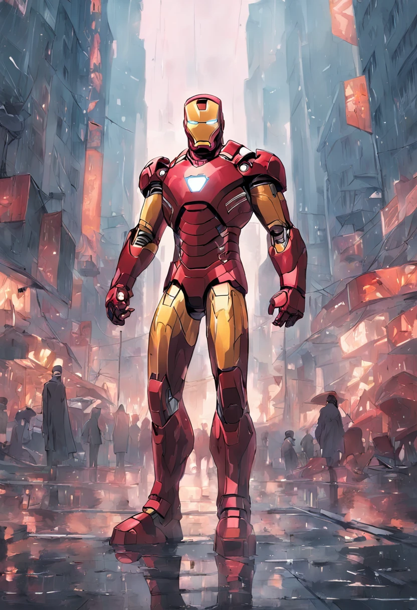photo of Iron Man from Marvel standing outside the city 17, rainy, rtx, octane, unreal