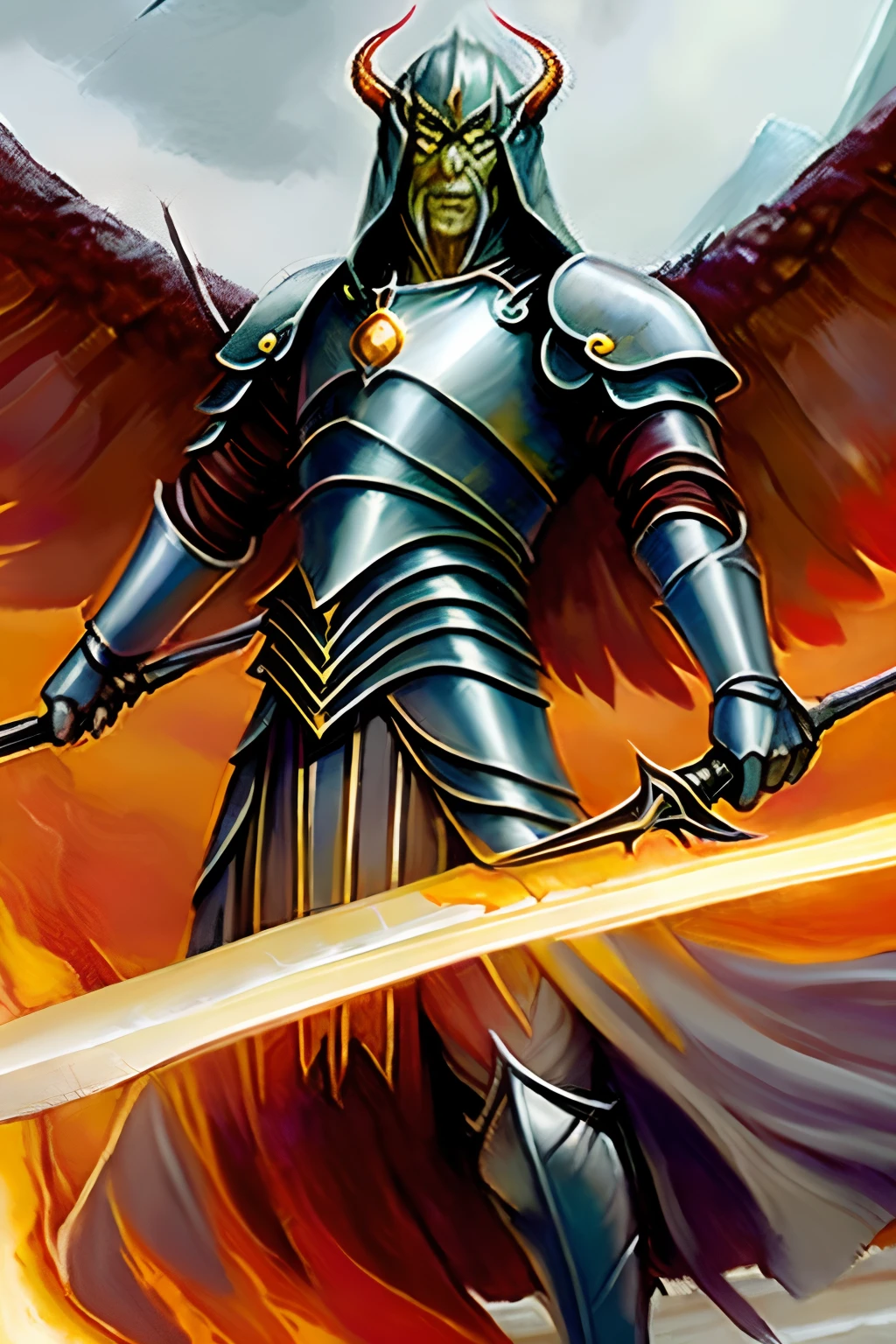 Model Photography Style (чрезвычайно детализированные обои CG unity 8k), Full-frame body photography of the world's most beautiful work of art, English Medieval Paladin (Demon Paladin) , Son of a Demon , Medieval era, painting by Ed Blinky, These Geilans, Studio Ghibli, Jeremy Manna, Greg Manchess, Antonio Moro, Trending on ArtStation, trending on CGsociety, Intricate, higly detailed, sharp-focus, tension, painting "The Middle of the Road" and Greg Rutkowski, red and gold color, action pose, incantation, In the desert