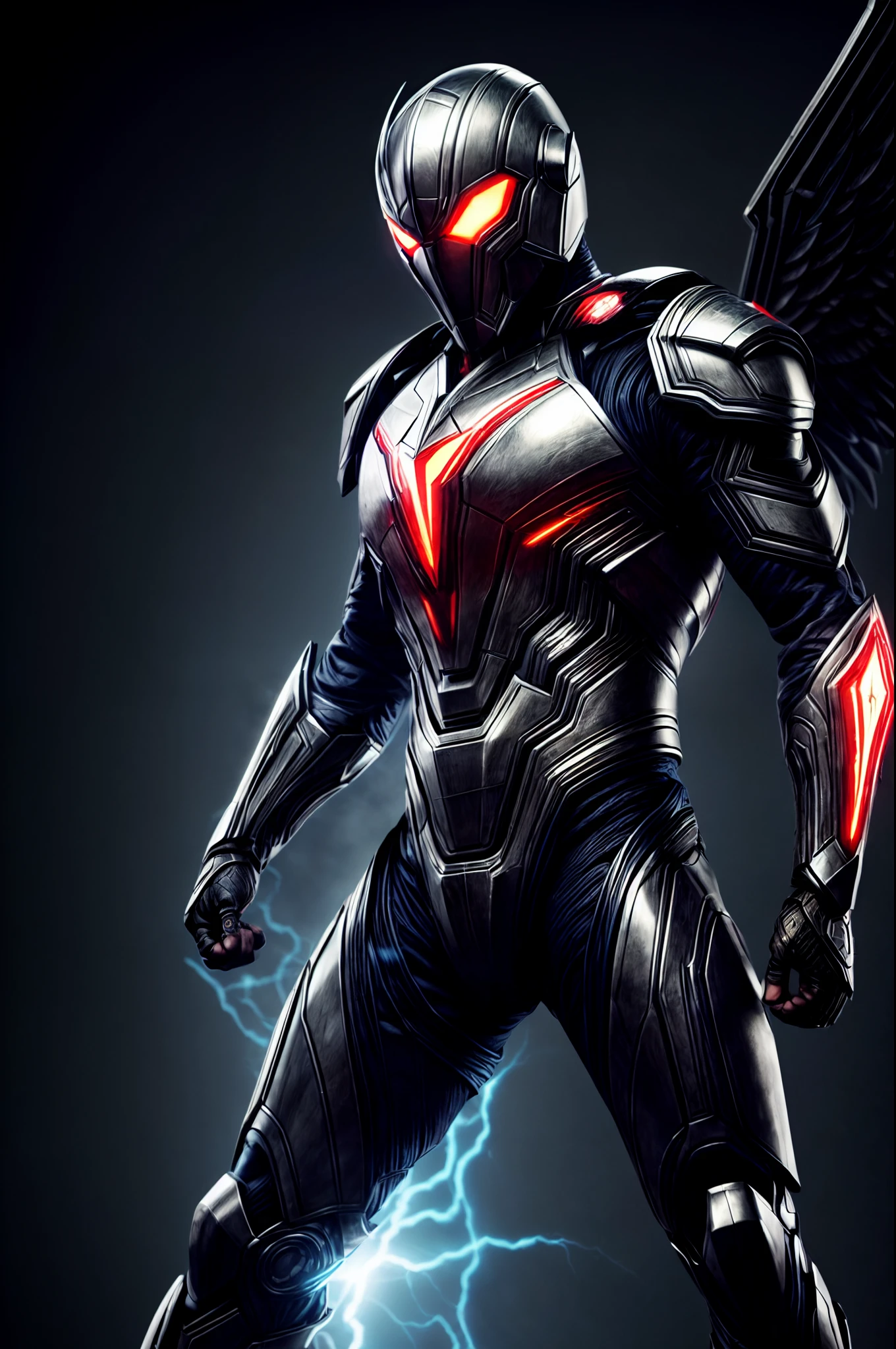 An intricate image of a Futuristic power-suit with armor and ai, that resembles a assasin with demon shaped helmet with glowing ember eyes, intricate metal wings, Superhero landing pose, micro-details, photorealism, one light, dark photo, deep shadows, shallow depth of field, photorealistic, Surrealism, high quality, masterpiece, 8k, 8k, super detail, full body portrait,  extremely muscular, scratched, dented, battle scars, flying with his boosters