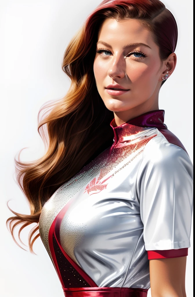 sticker (w\o an outline), pin-up, a waist-high shot of the beautiful Gisele Bundchen, (((sparkling red jumpsuit))),T-shirt design, clean design, ((white background)) , nice perfect face with soft skin , by Dmitry Moor, by Gustav Klimt , vibrant watercolor tones, concept art, 8k resolution, oil painting, black vignette