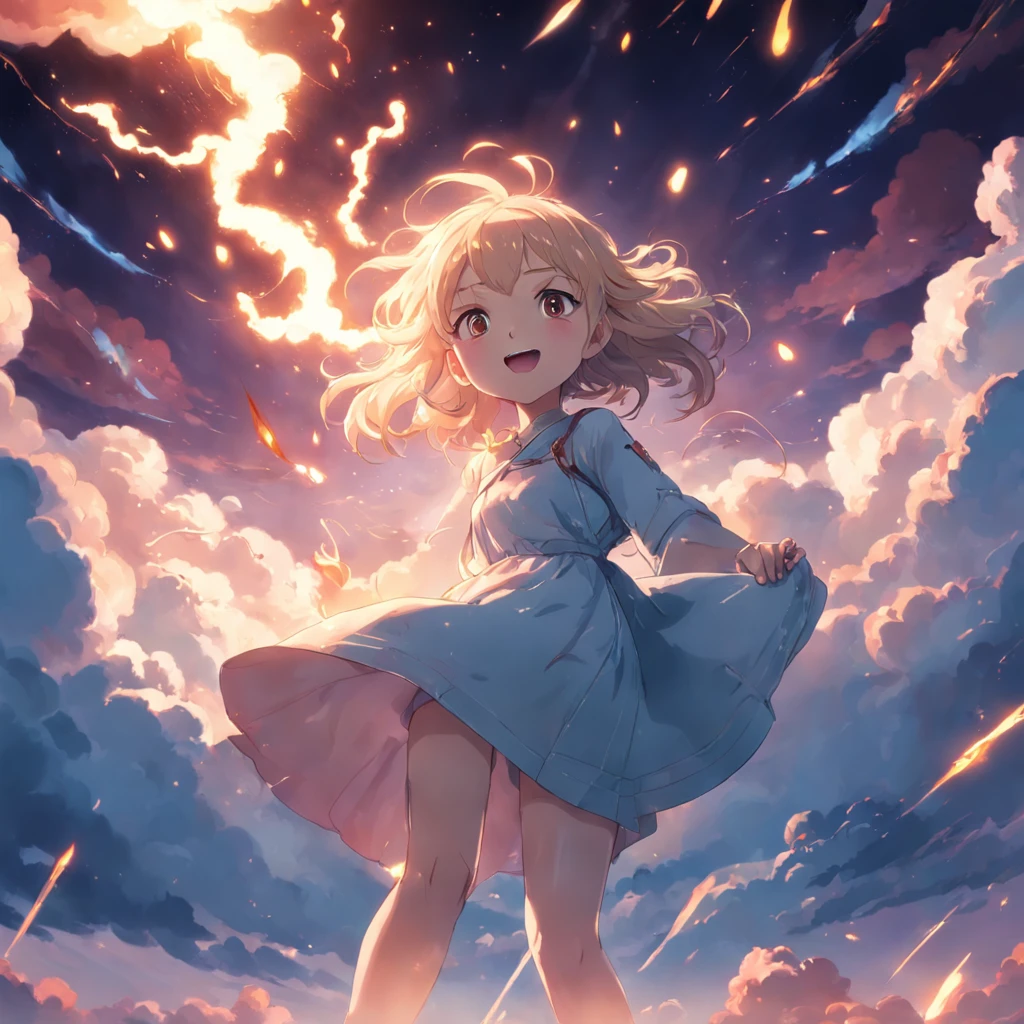 masterpiece, best quality, movie still, 1girl, cloud girl, floating in the sky, close-up, bright, happy, warm soft lighting, sunset, (sparks:0.7)