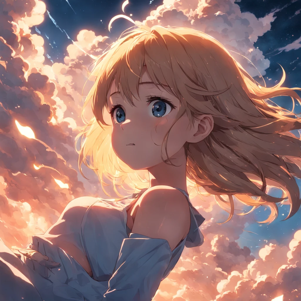 masterpiece, best quality, movie still, 1girl, cloud girl, floating in the sky, close-up, bright, happy, warm soft lighting, sunset, (sparks:0.7)