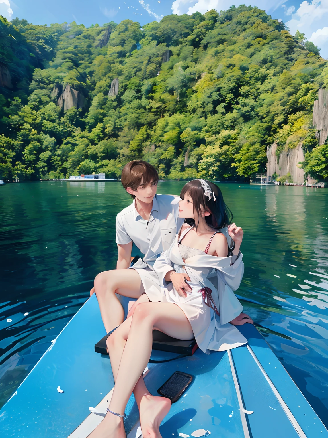 there is a man and woman sitting on a boat in the water, on a boat on a lake, on a boat, on a floating rock island, on a lake, bottom angle, in a lake, 🤬 🤮 💕 🎀, paradise in the background, 4 k post, 4k post, philippines, vacation photo, bottom shot, on an island