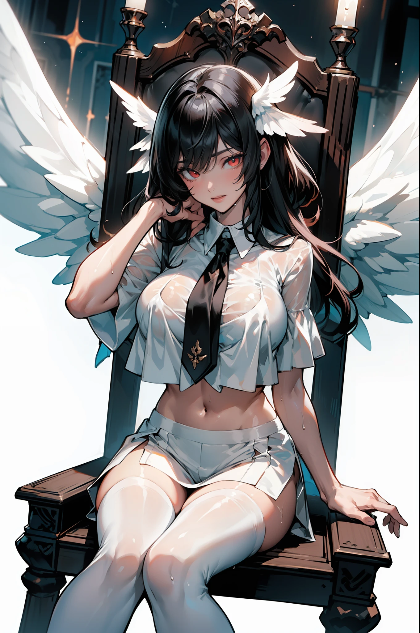 ((nsfw)),((gigantic breast: 1.5),(masterpiece, best quality),((high resolution 4k)), 1lady, solo, (white Scales, body cover with  scales), halo, wings,fallen angel, black hair, loose waves, red eyes,wet white sheer top crop top,short sleeve,wet very short white shortpants,white stockings,white thigh highs,sitting on the throne