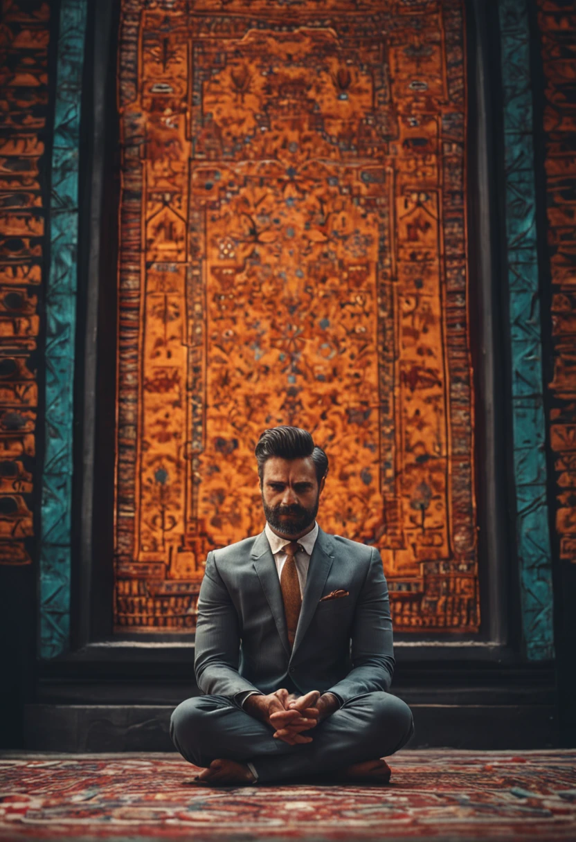 (Un hombre con traje)  (sitting in meditation position)  (Ojos cerrados 1.3) (mostrando todo el cuerpo 1.4) (se encuentra en un cuarto blanco)