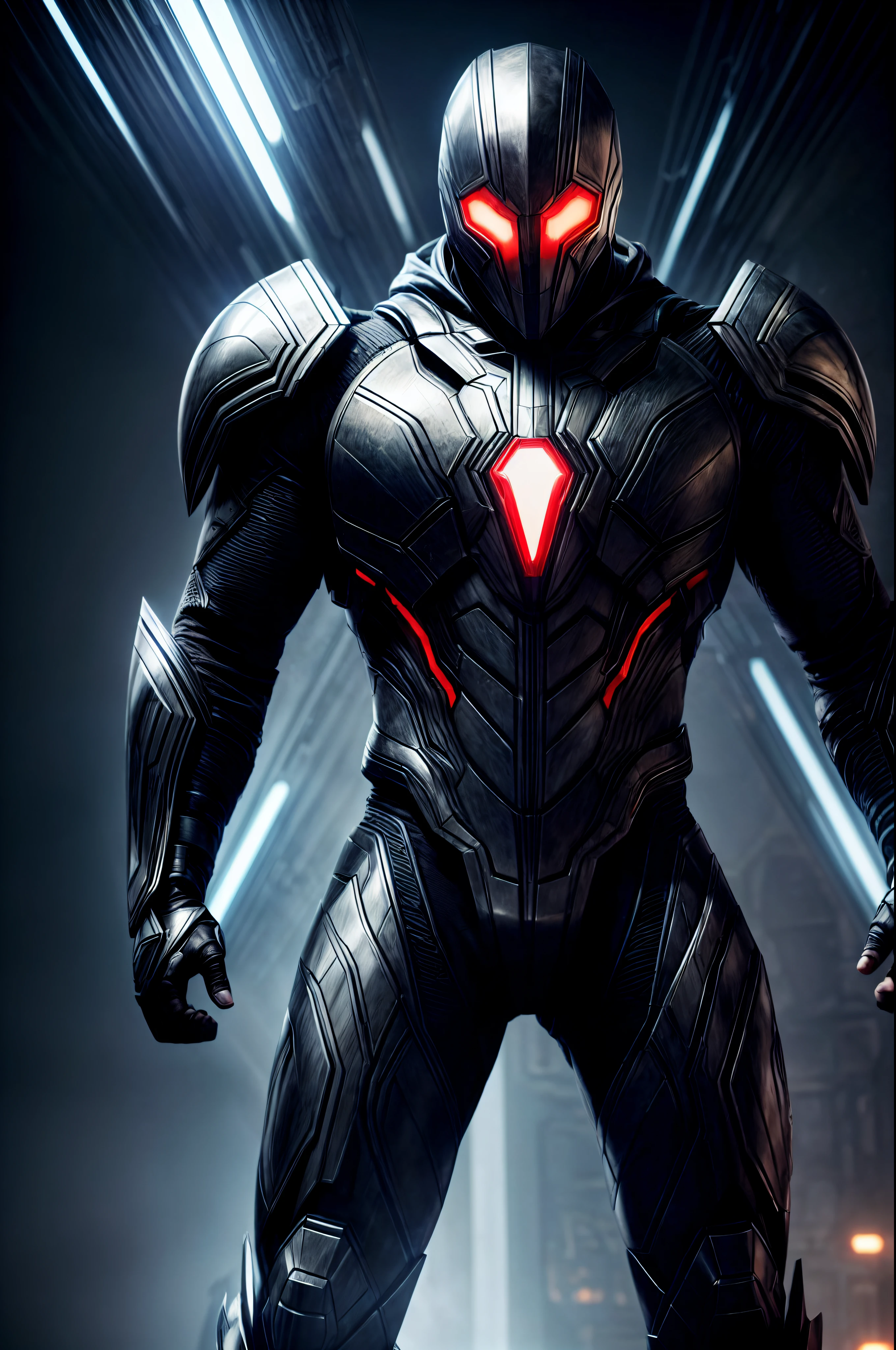 An intricate image of a Futuristic power-suit with built in weapons armor and ai, that resembles a hooded assasin with , skull shaped helmet with glowing ember eyes, Superhero landing pose, micro-details, photorealism, one light, dark photo, deep shadows, shallow depth of field, photorealistic, Surrealism, high quality, masterpiece, 8k, 8k, super detail, full body portrait,  extremely muscular, scratched, dented, battle scars, flying with his boosters