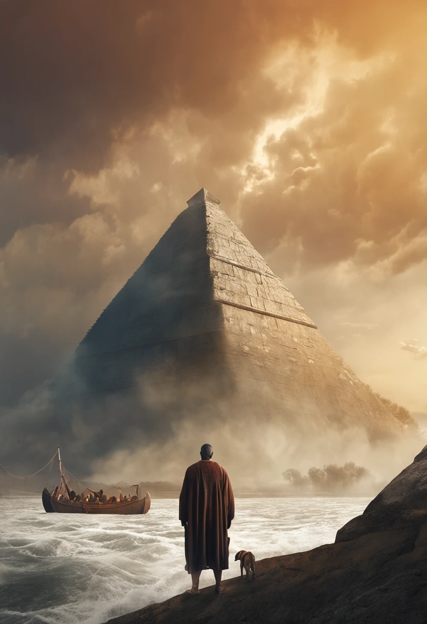 Create realistic visual representation of Noah, a man of advanced age with a wise and dignified appearance. He's wearing simple clothes, typical of ancient times, like a long tunic and a robe tied at the waist. Noah is standing next to the imposing ark, which is large enough to house many animals. He's looking up at the sky, with an expression of confidence and determination on his face. Around Noah, incluindo uma variedade de animais em pares, symbolizing the mission to preserve creation during the flood.

The realistic scenery is a landscape that conveys the beginning of the storm, with dark clouds forming on the horizon and the first drops of rain beginning to fall. Create an atmosphere of mystery and hope, capturing the moment when Noah hears God's voice and prepares to face the impending flood with unwavering faith.

Remember to incorporate realistic details into facial expressions, nas vestimentas e nos animais, while maintaining an artistic touch that evokes the sacred nature of biblical history. Use tons de cores que transmitem o clima da narrativa, alternating between softer colors to represent initial confidence and darker shades to show the onset of the storm.

Ao final, you will have an image that visually captures the spirit of Noah's story in the Bible, Transmitting Your Faith, determination and connection with God in the midst of the monumental challenges that were born.