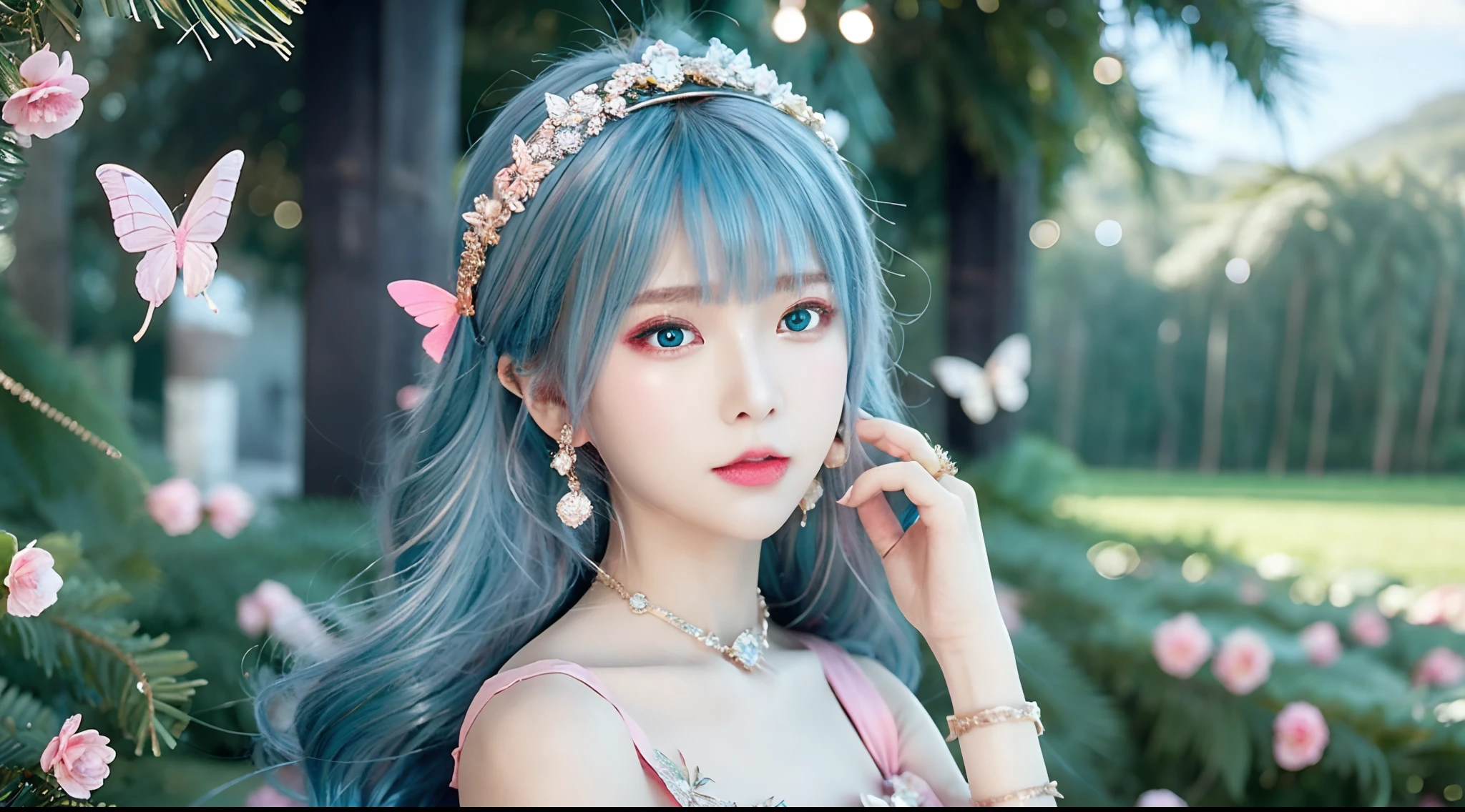 Gorgeous and delicate butterfly ornaments，brilliant colorful，Fine engraving，Shine brightly，The attention to detail，The quality of the jewelry is excellent，Extremely high image quality;blue  hair+Small pink flowers:1.3+Big red eyes+gold-wire glasses:1.2+Intellectual beauty:1.1)