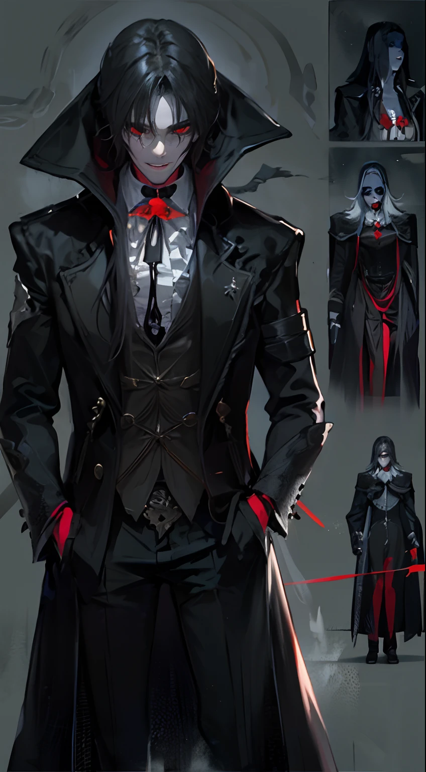 darkly, unholy,Creepy olpntng style,Mystic,full-body-shot,Vampires wear long black coats,Red eyes are his most striking feature,Seemed, There was an evil aura hidden in his smile,His skin was pale, Like snow,It shows a mysterious and majestic atmosphere。fantasy concept art, 8K resolution, gothic deviantart masterpiece, The blows are heavy, Paint drips, darkly, unholy, unholy, Starlights, terrific,