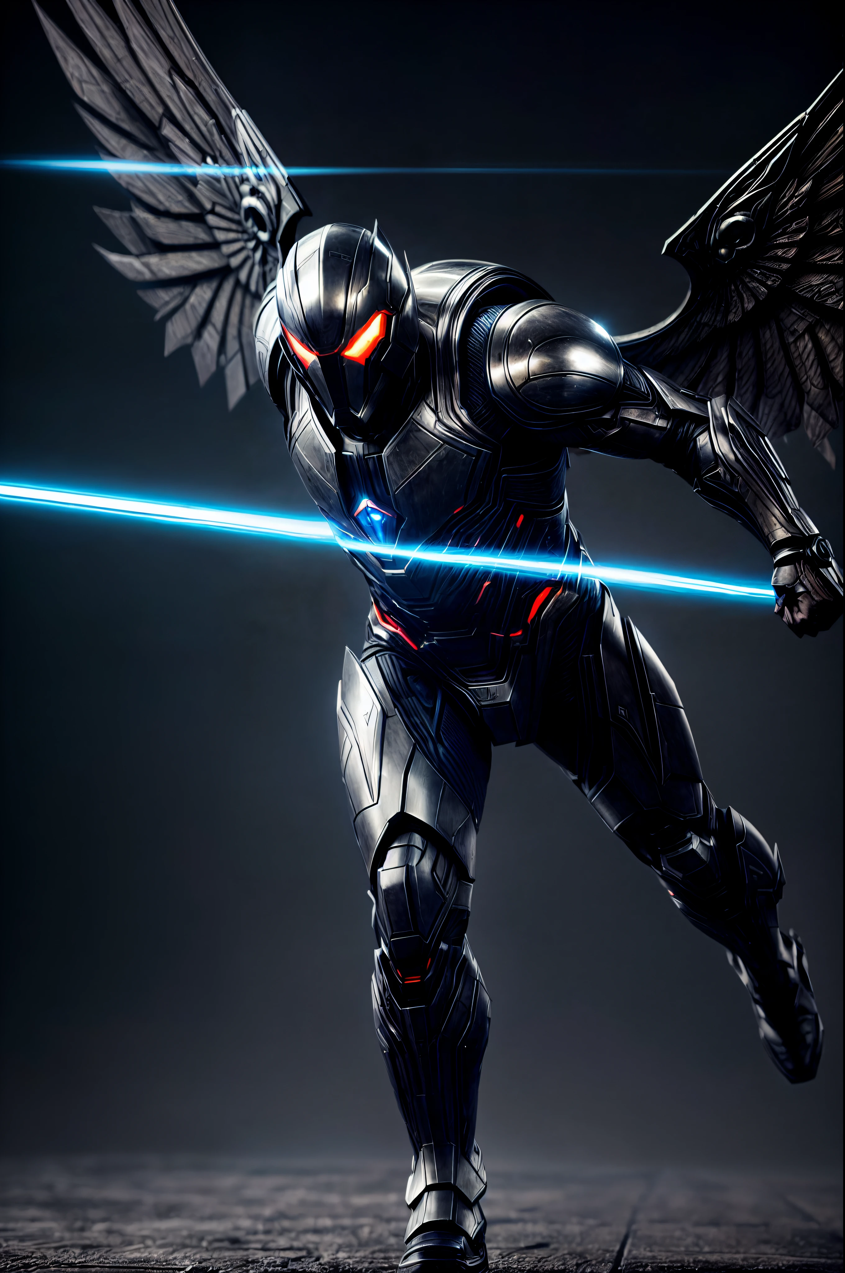 An intricate image of a Futuristic power-suit with armor and ai, that resembles a assasin with demon shaped helmet with glowing ember eyes, intricate metal wings, Superhero landing pose, micro-details, photorealism, one light, dark photo, deep shadows, shallow depth of field, photorealistic, Surrealism, high quality, masterpiece, 8k, 8k, super detail, full body portrait,  extremely muscular, scratched, dented, battle scars, flying with his boosters