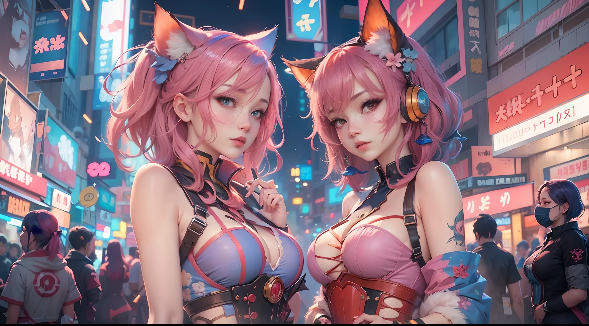 anime - style image of two women with pink and blue hair dressed in red and blue corset, posing in Akihabara for a foto shooting, Captured from worm's eye view, 4 meters distance to viewer, wlop and sakimichan, attractive cat girl, artwork in the style of guweiz, fantasy art style, 2. 5 d cgi anime fantasy artwork, fanart best artstation, by Yang J, trending on cgstation, wlop and ross tran, guweiz