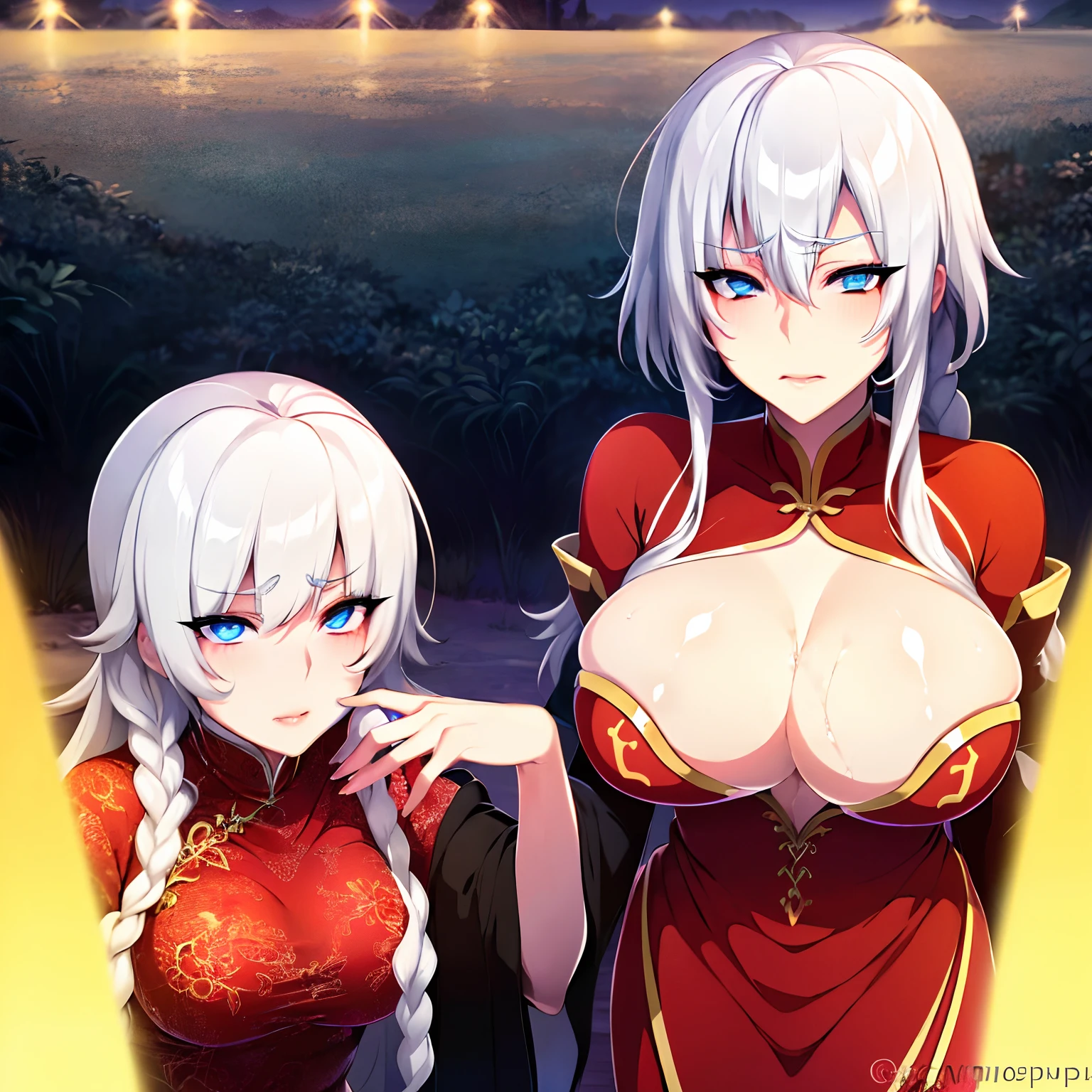 seductive look, blush, outdoors, looking at viewer, moody lighting, (perfect detail eyes:1.2, glowing eyes, shiny skin, white hair, blue eyes, long hair one braid:1.2), (huge breasts), (Masterpiece, Best Quality, High Quality:1.4), professional artwork, Intricate Details, field of view, sharp focus, sexy, chinese dress, (nake), (erotic:1.1)